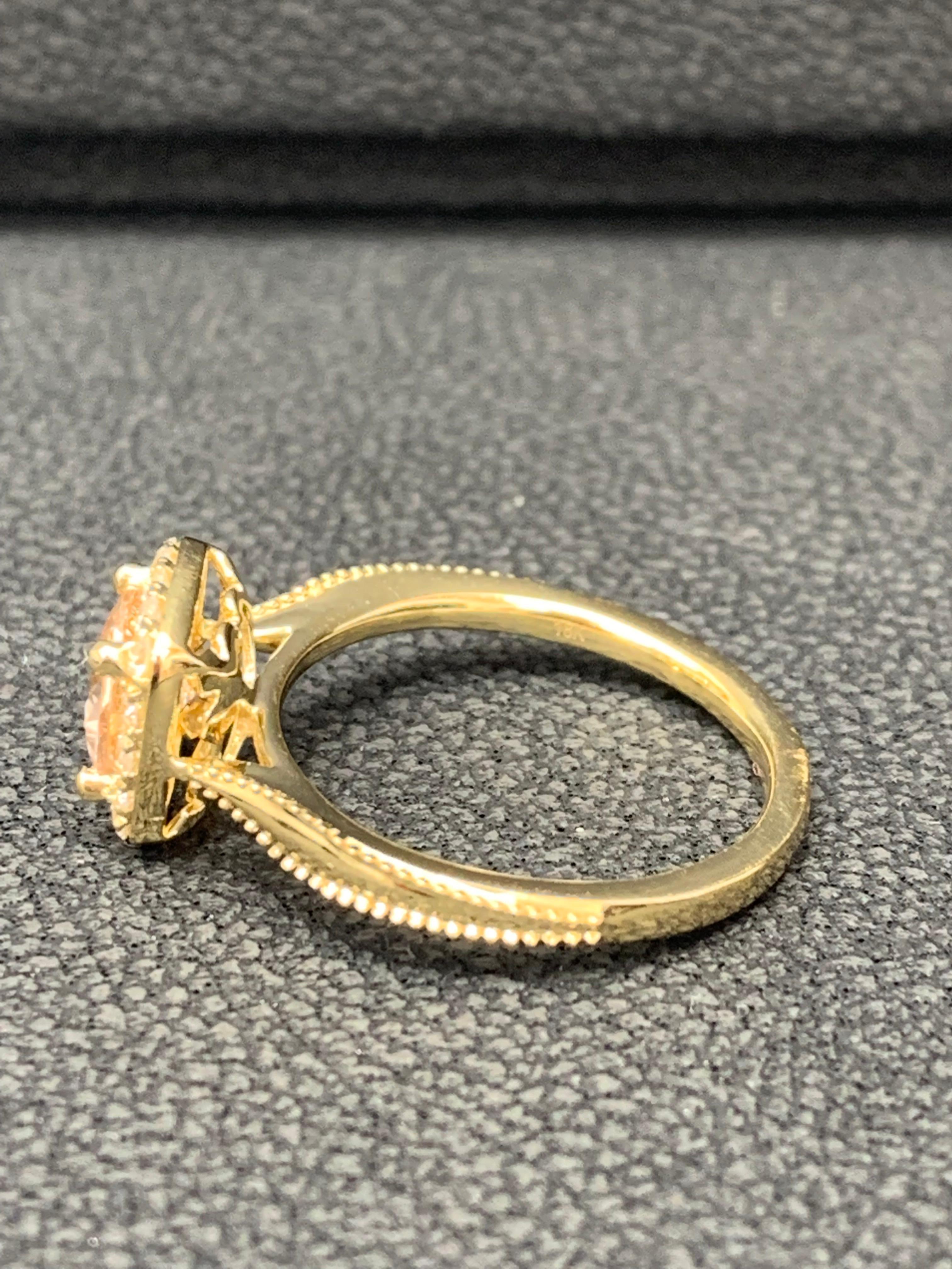 0.78 Carat Morganite Halo Diamond 14K Yellow Gold Ring In New Condition For Sale In NEW YORK, NY