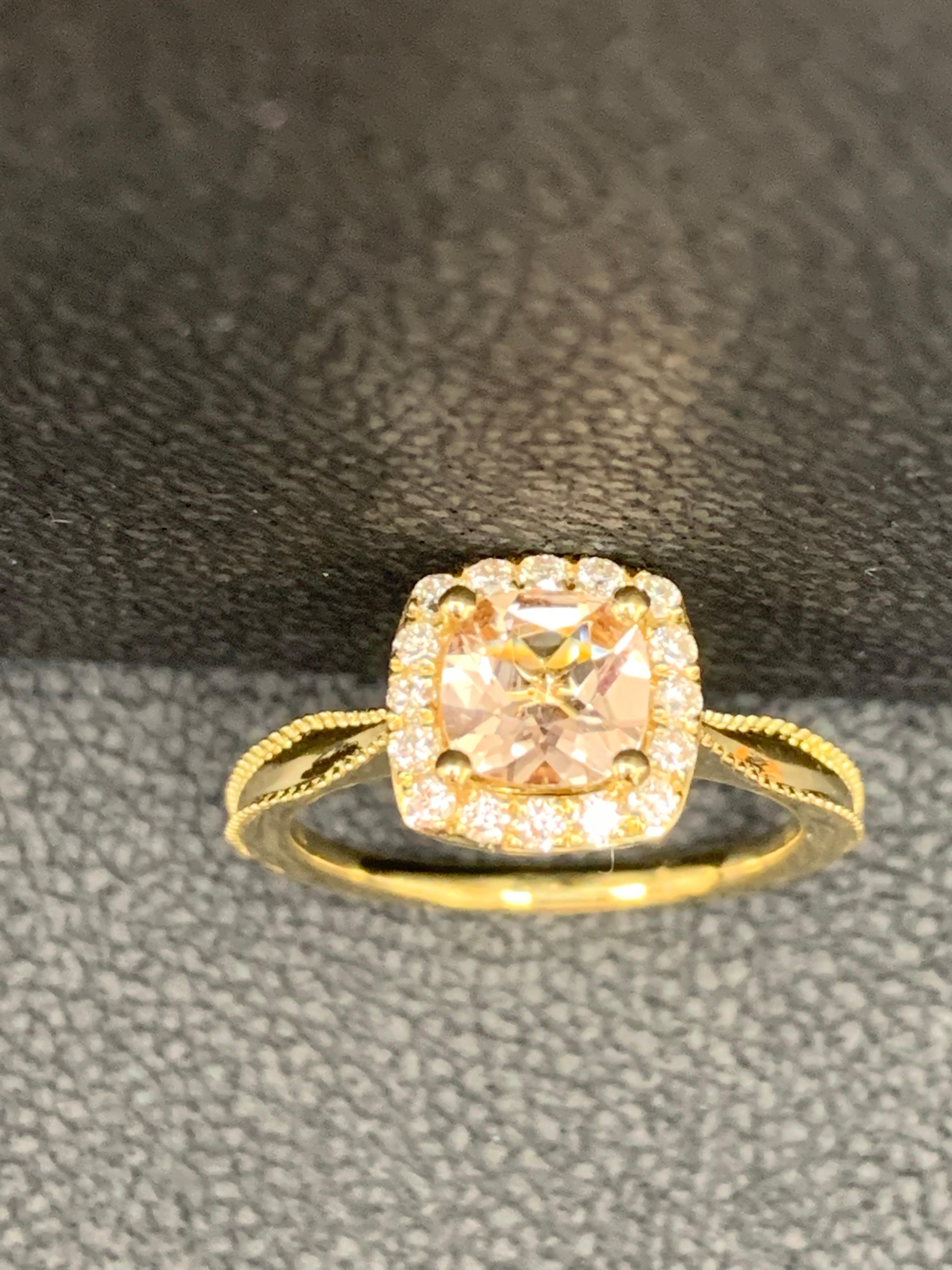 0.78 Carat Morganite Halo Diamond 14K Yellow Gold Ring For Sale 2