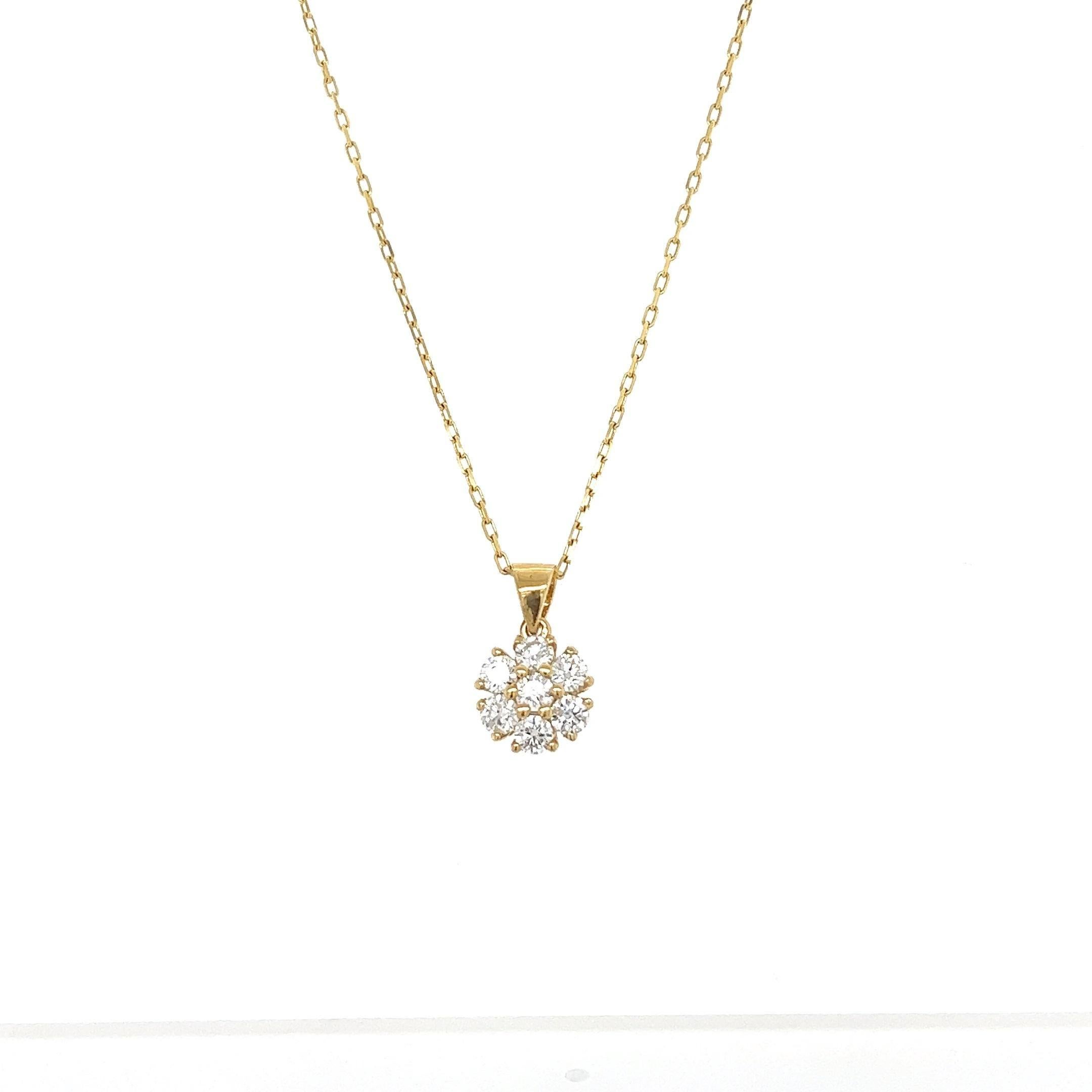 Ce collier pendentif en diamant floret comporte des diamants naturels de taille ronde pesant 0,78 carats. La clarté et la couleur du collier sont SI-F.

Le poids approximatif de ce collier est de 2.5 grammes. 

Le collier mesure environ 17 cm de