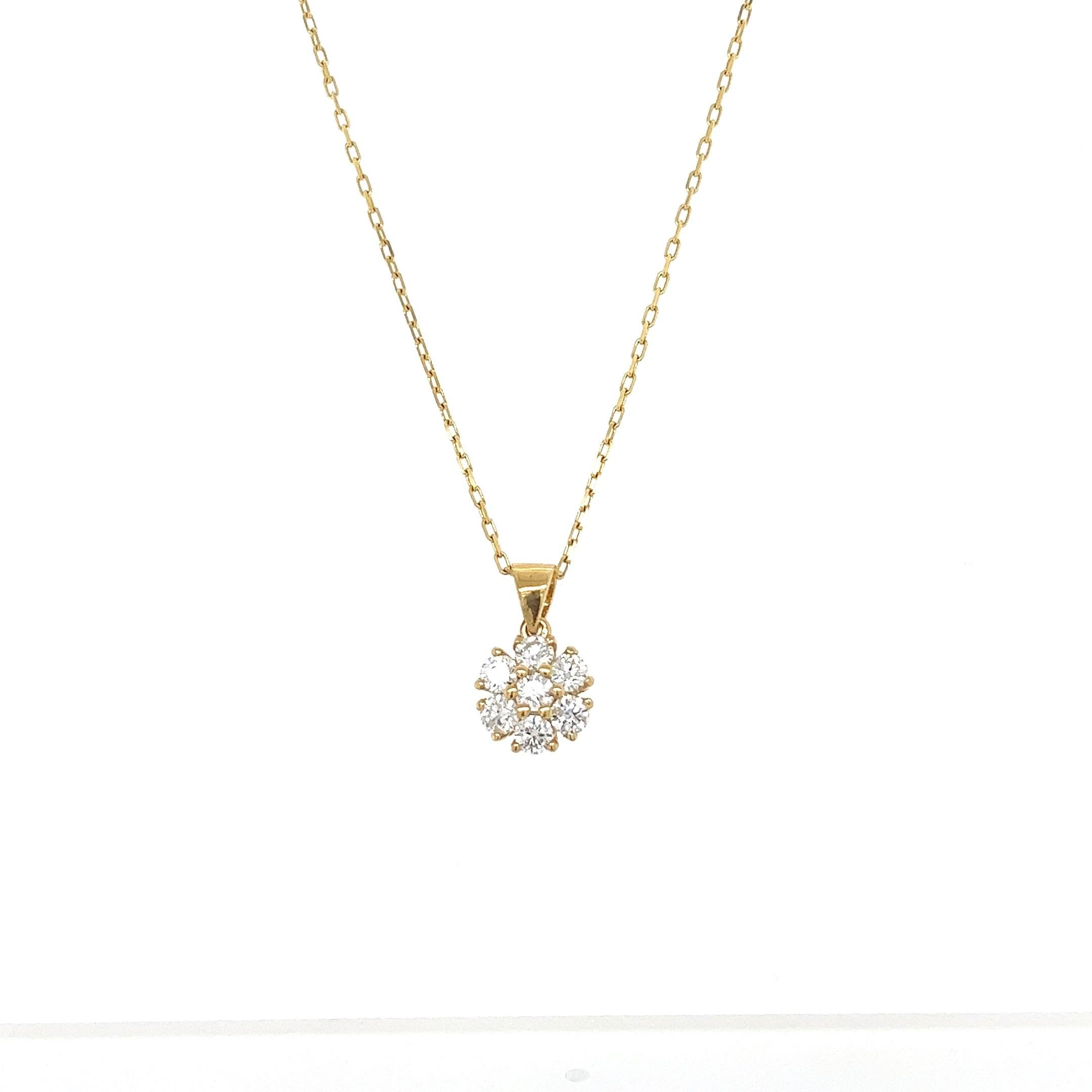 This floret diamond pendant necklace has Natural Round Cut Diamonds that weigh 0.78 carats. The clarity and color of the necklace are SI-F.

The approximate weight of this necklace is 2.5 grams. 

The necklace is 17 inches long. 