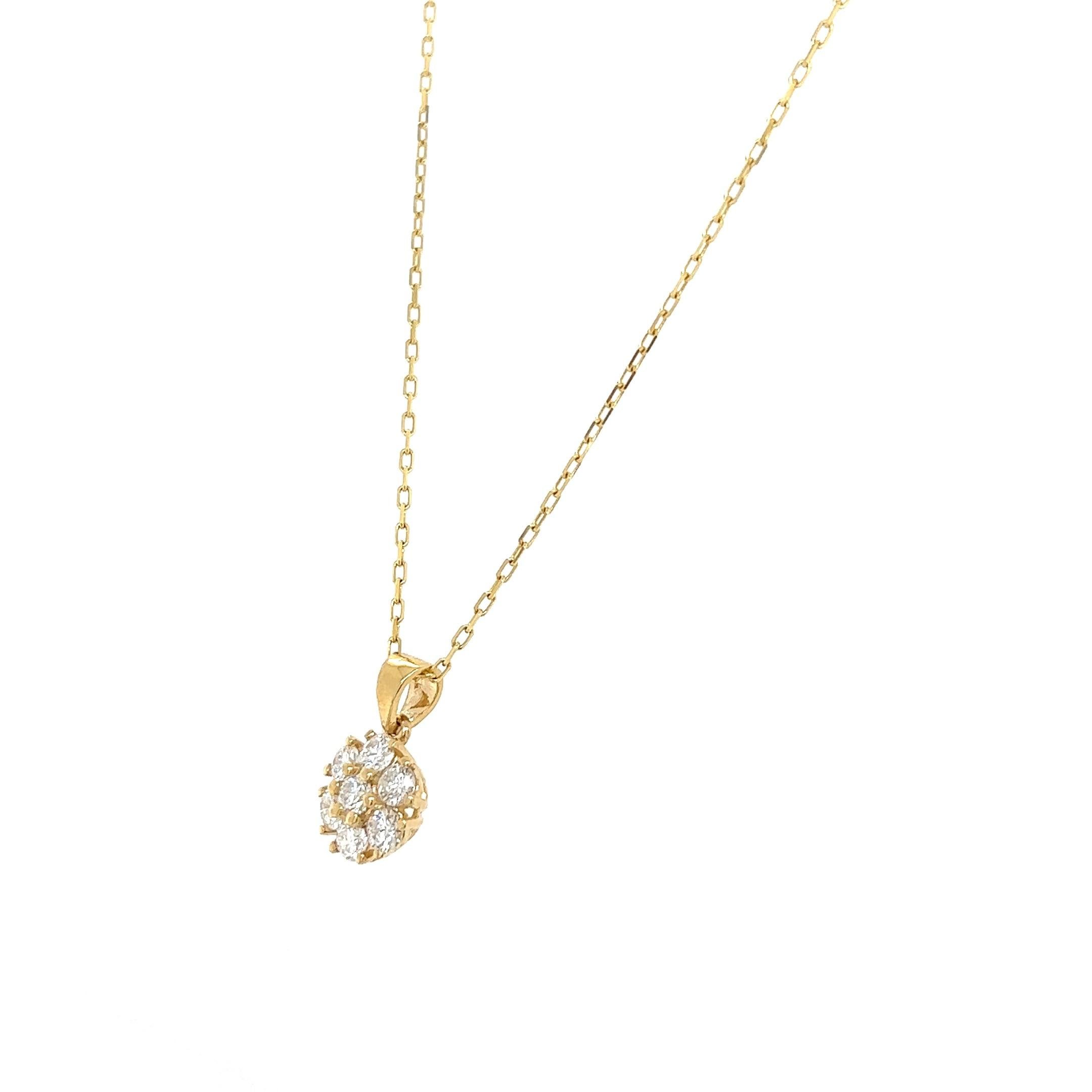Round Cut 0.78 Carat Natural Diamond Yellow Gold Floret Pendant Necklace  For Sale