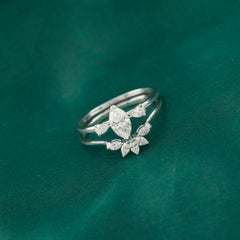 0.78 Carat Natural Marquise Diamond Floral Set of 2 Rings in 18K White Gold