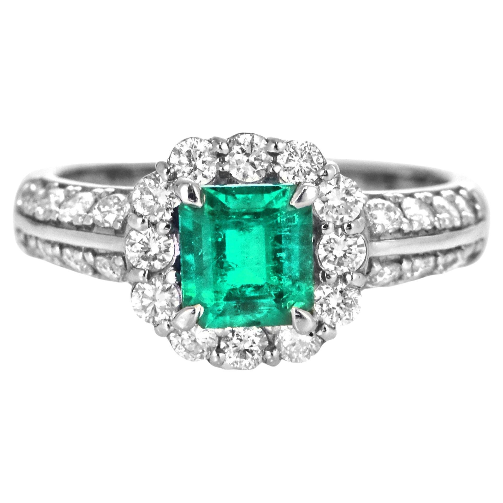 0.78 Carat Natural, Vivid Green Emerald & Diamond Ring made in Platinum