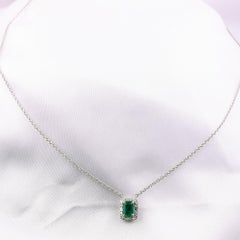 0.78 Carat Natural Zambian Emerald Round Diamond Halo Pendant 18K White Gold