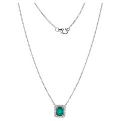 0.78 Carat Natural Zambian Emerald Round Diamond Halo Pendant 18K White Gold