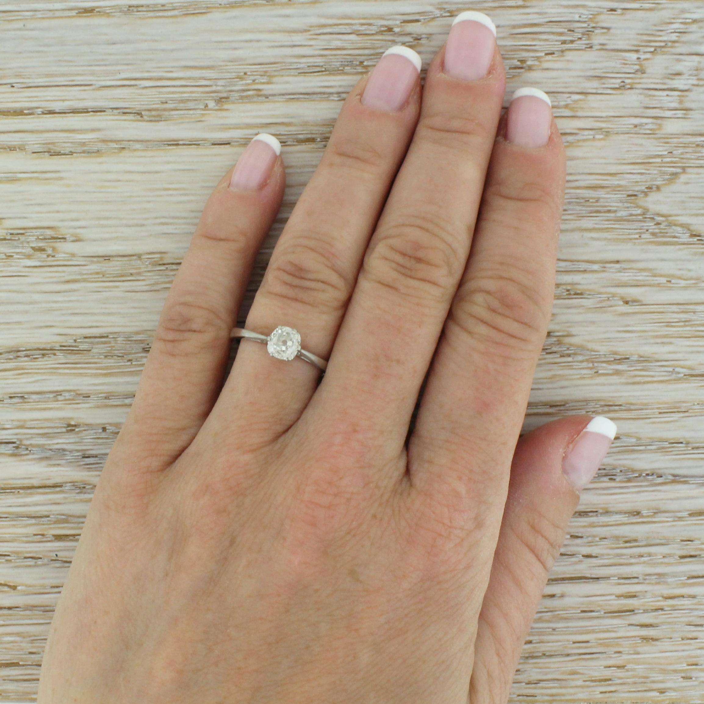 Women's 0.78 Carat Old Mine Cut Diamond Engagement Platinum Ring For Sale
