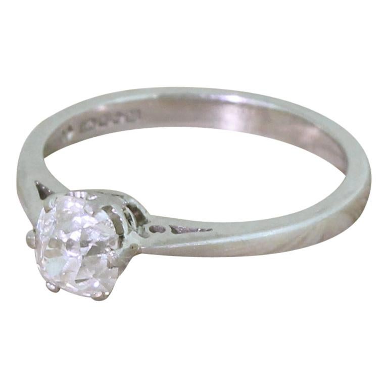 0.78 Carat Old Mine Cut Diamond Engagement Platinum Ring For Sale
