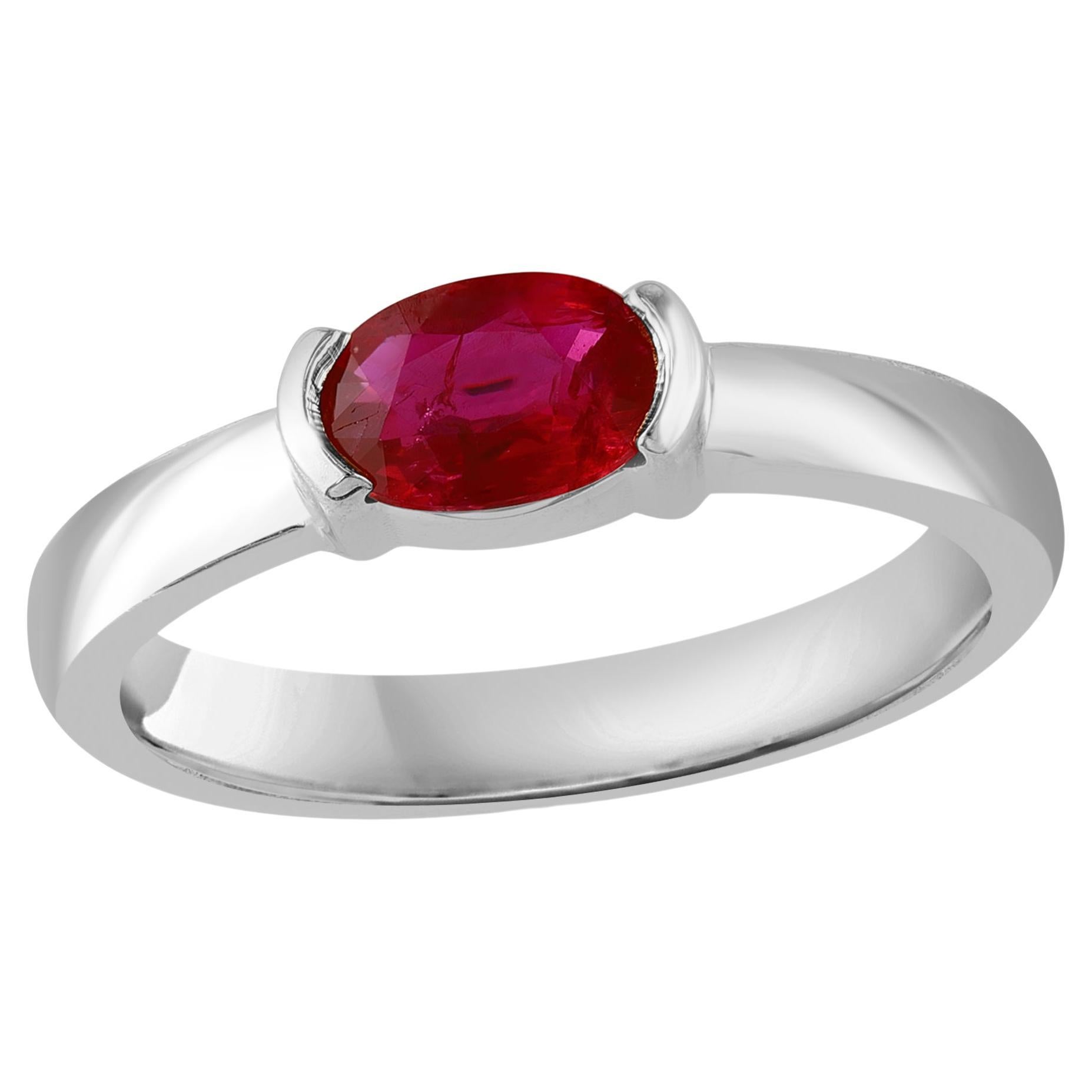 0.78 Carat Oval Cut Ruby Band Ring in 14K White Gold For Sale
