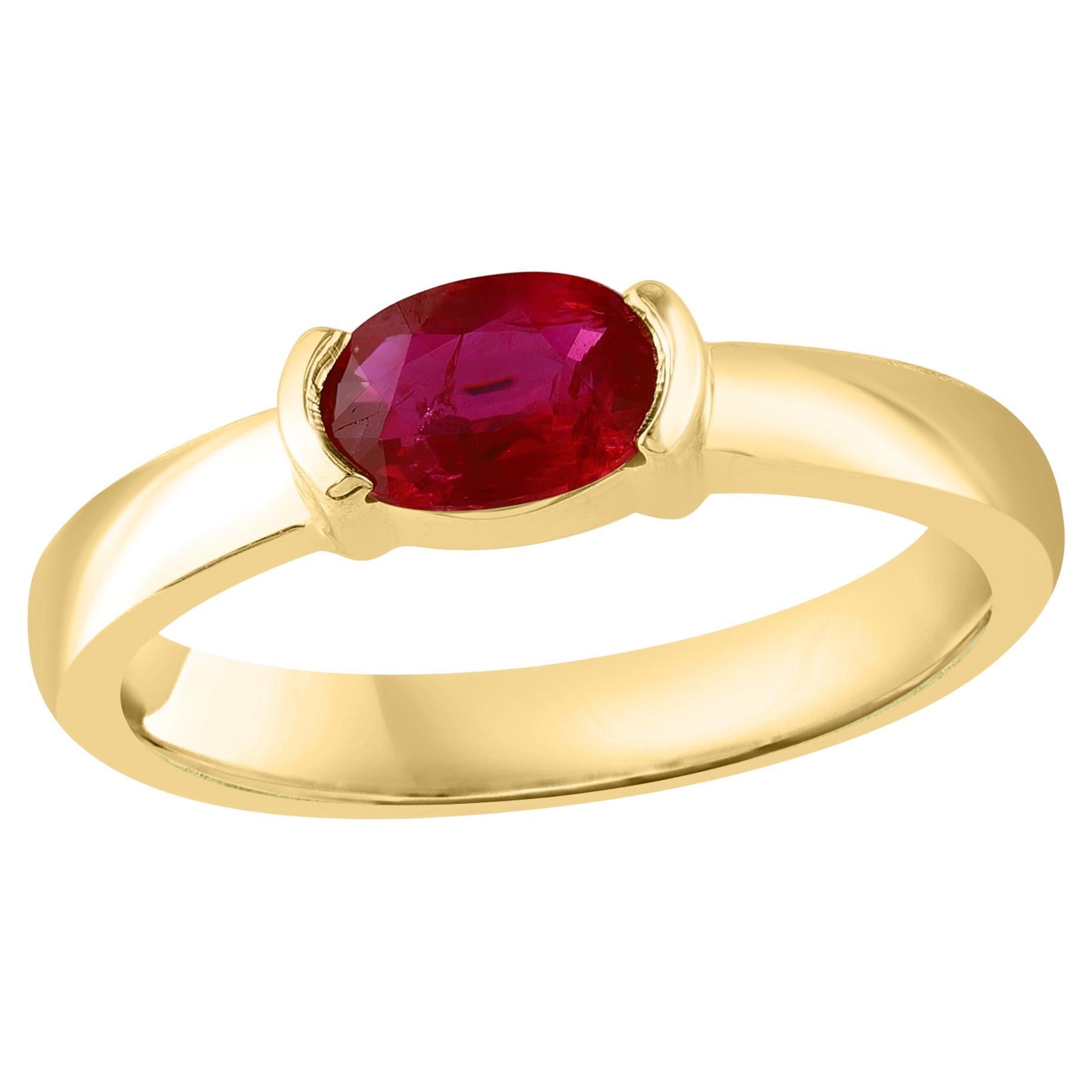 0.78 Carat Oval Cut Ruby Band Ring in 14K Yellow Gold For Sale