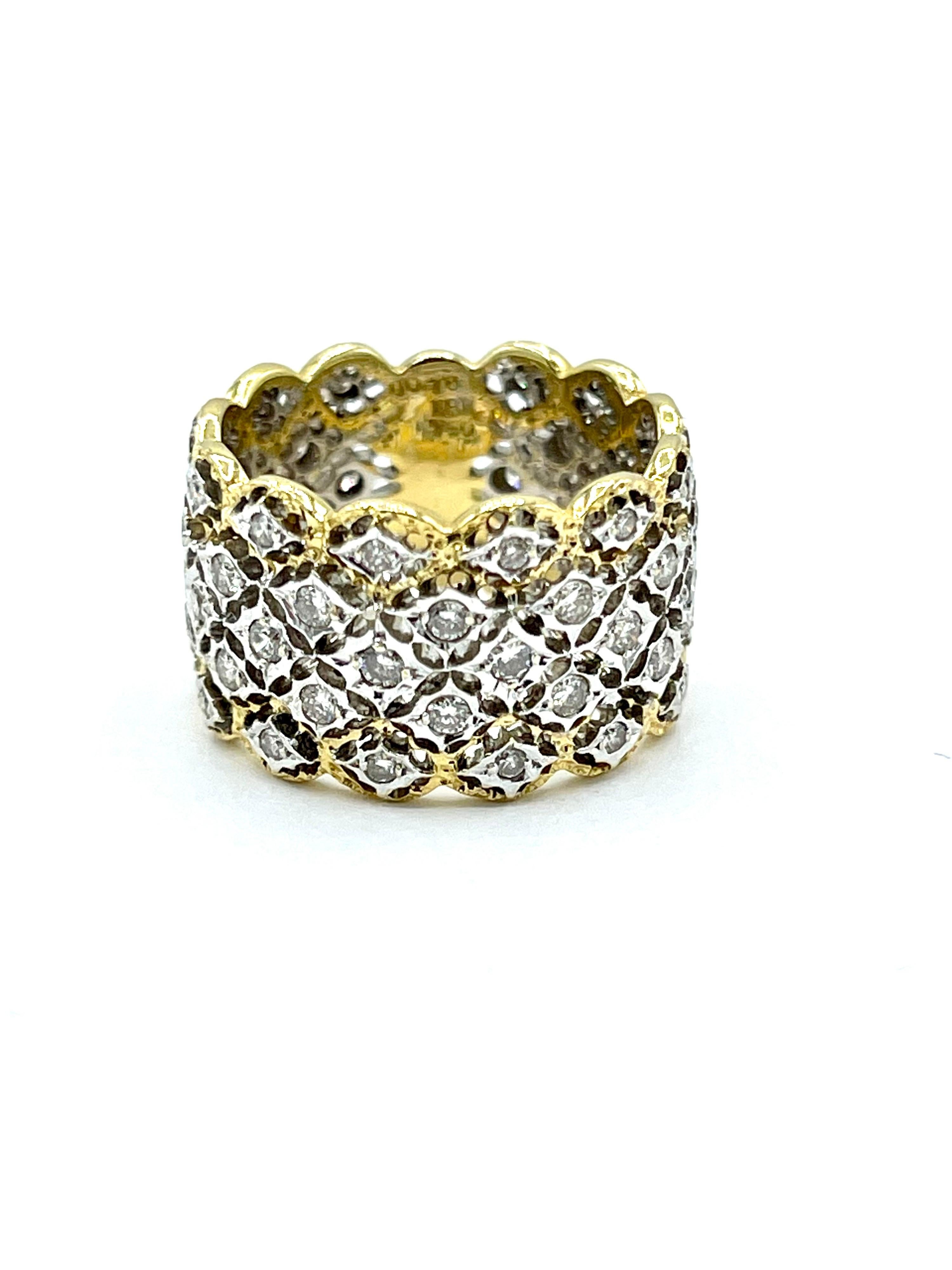 A beautiful round brilliant Diamond band style ring.  The ring contains 0.78 carats of Diamonds all set in 18K white gold open metal work, with a 18K yellow gold border.  The Diamonds are graded G-H color, VS2 clarity.  The inside bottom of the