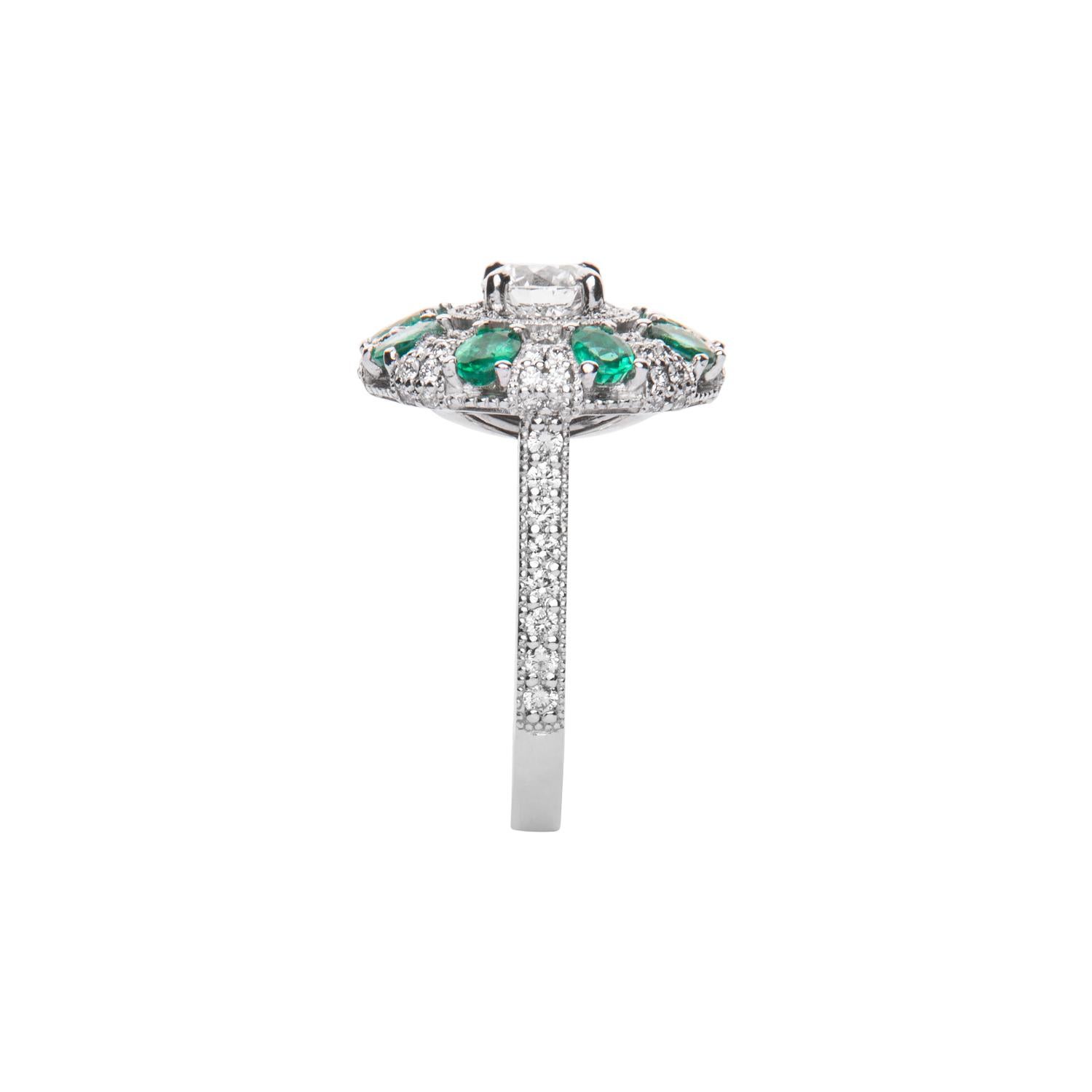 Art Deco 0.78 Carat Round Diamond Emerald Cluster Ring White Gold Natalie Barney For Sale