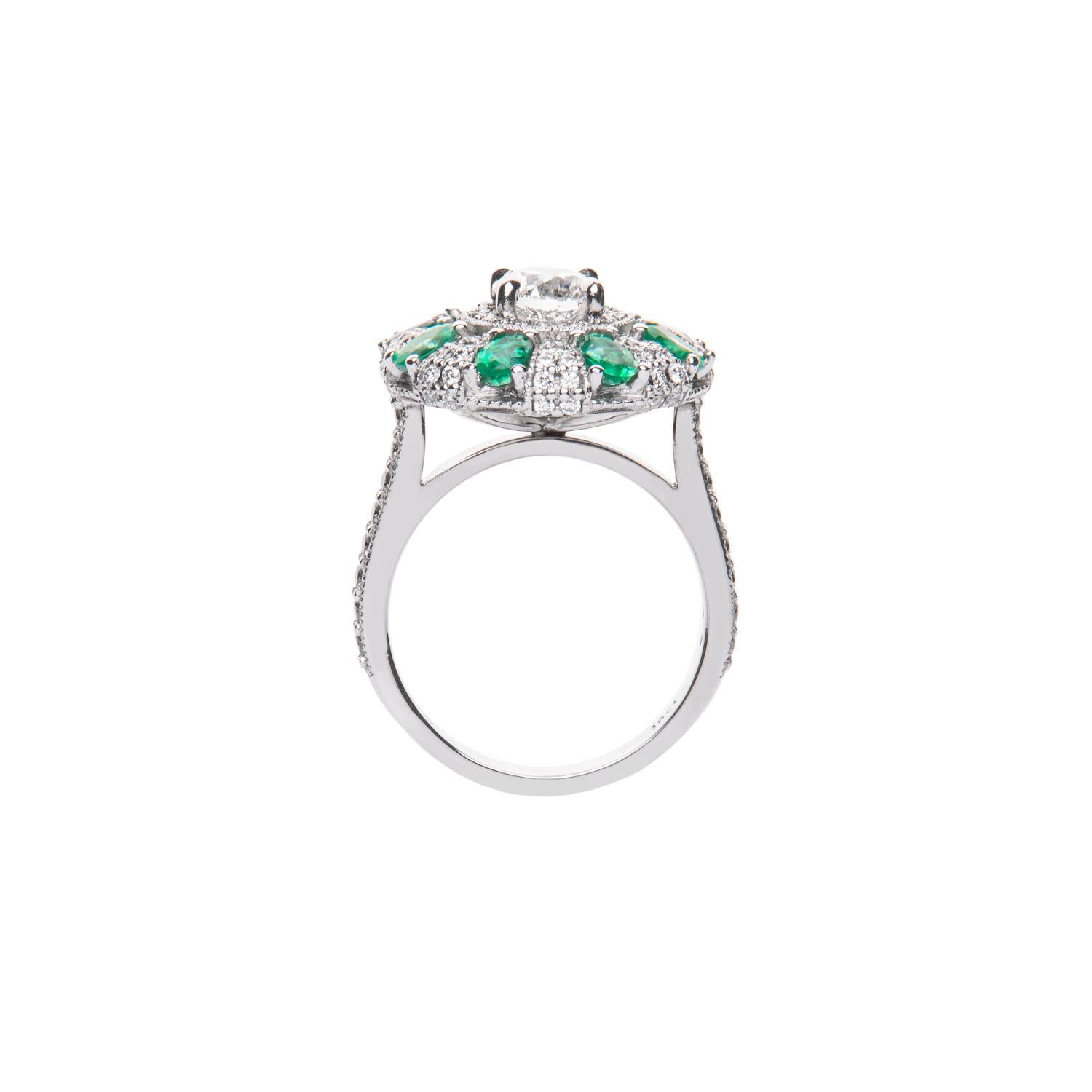 Round Cut 0.78 Carat Round Diamond Emerald Cluster Ring White Gold Natalie Barney For Sale