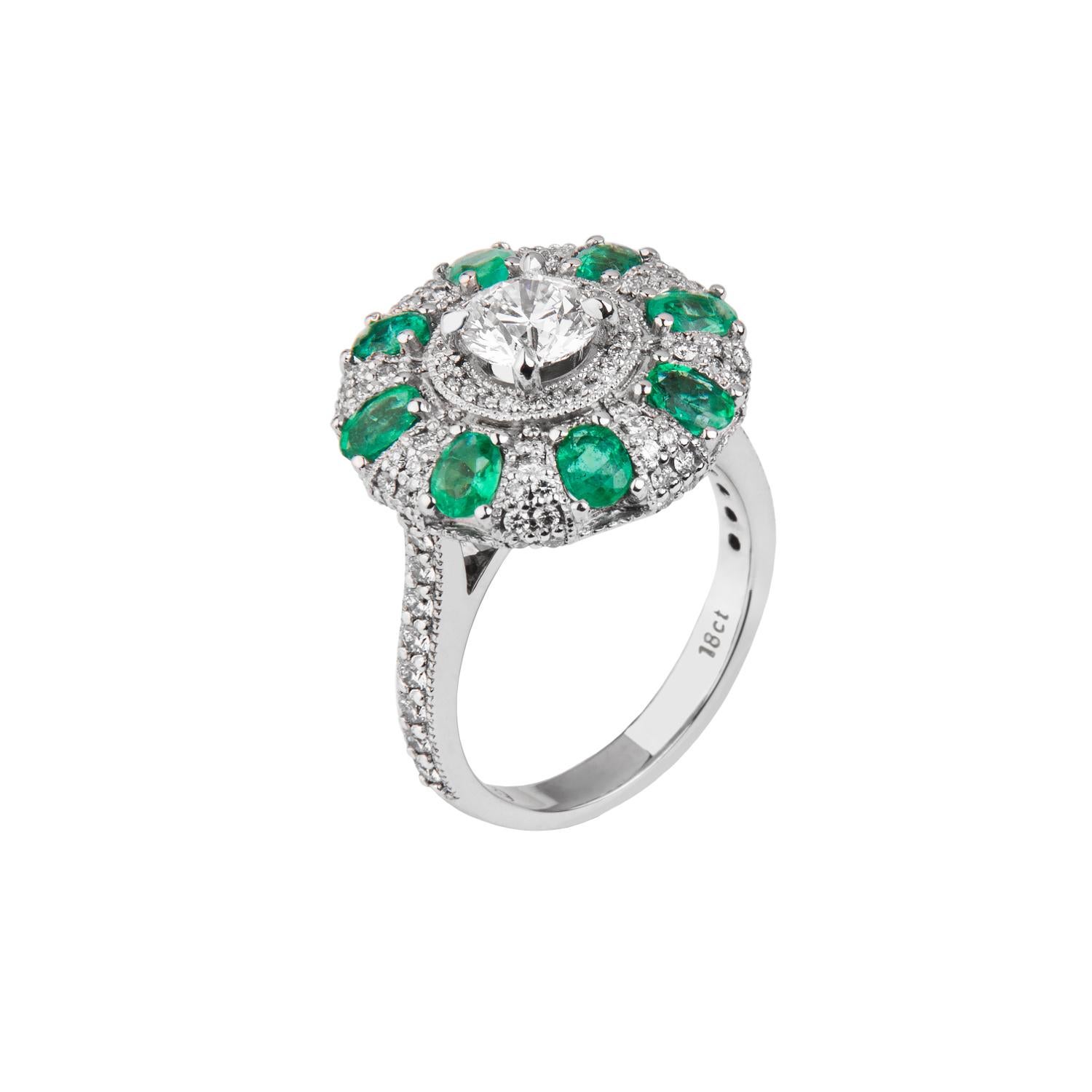0.78 Carat Round Diamond Emerald Cluster Ring White Gold Natalie Barney In New Condition For Sale In Crows Nest, NSW