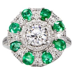 0.78 Carat Round Diamond Emerald Cluster Ring White Gold Natalie Barney