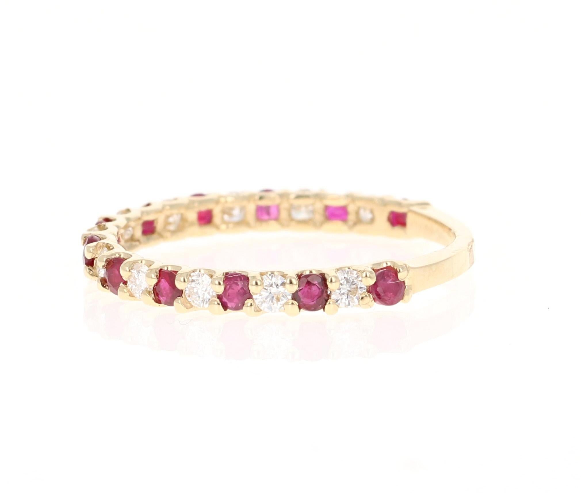 Contemporary 0.78 Carat Ruby and Diamond 14 Karat Yellow Gold Band For Sale