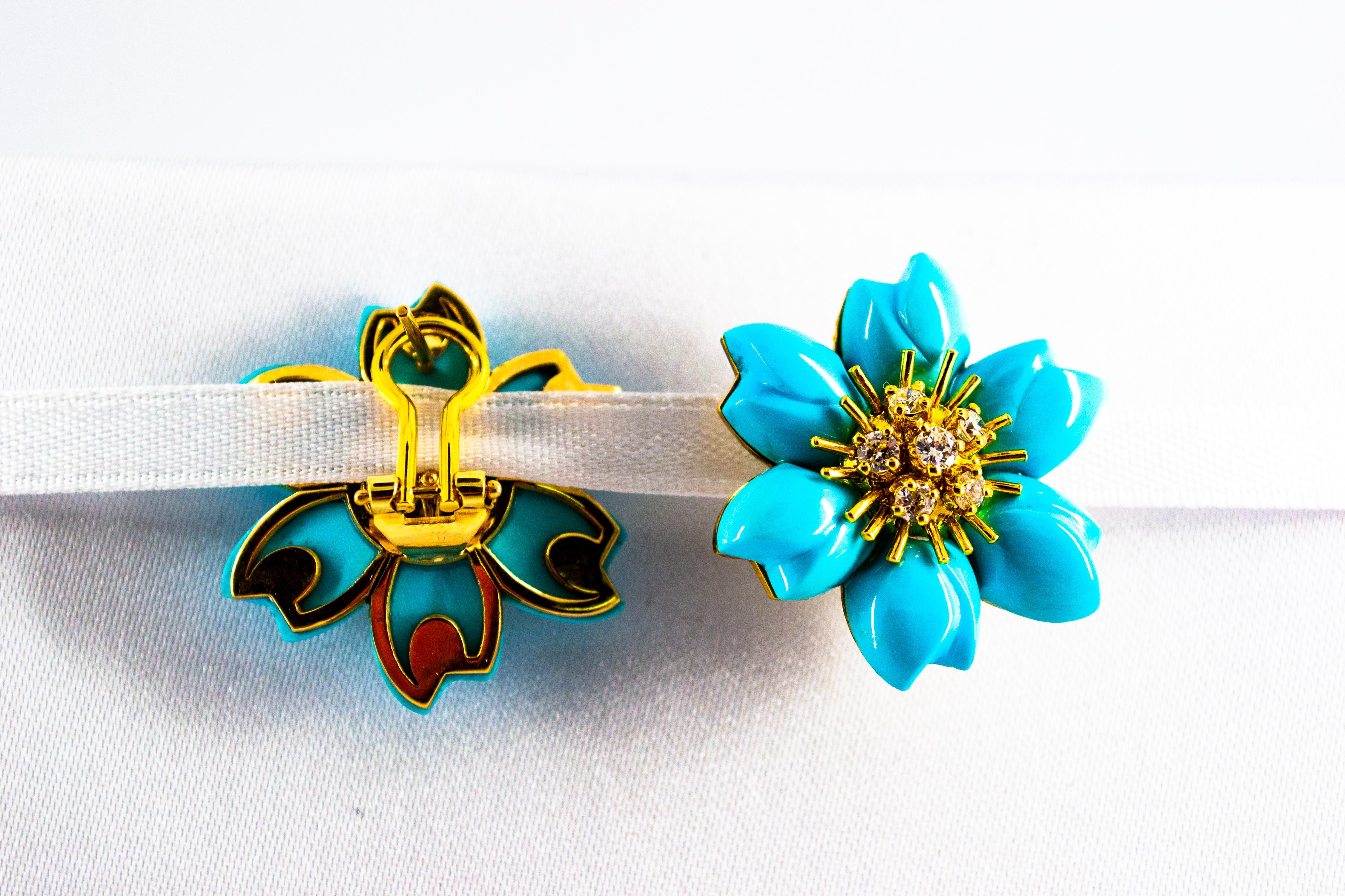 0.78 Carat White Diamond Turquoise Yellow Gold Dangle Clip-On Flowers Earrings 5