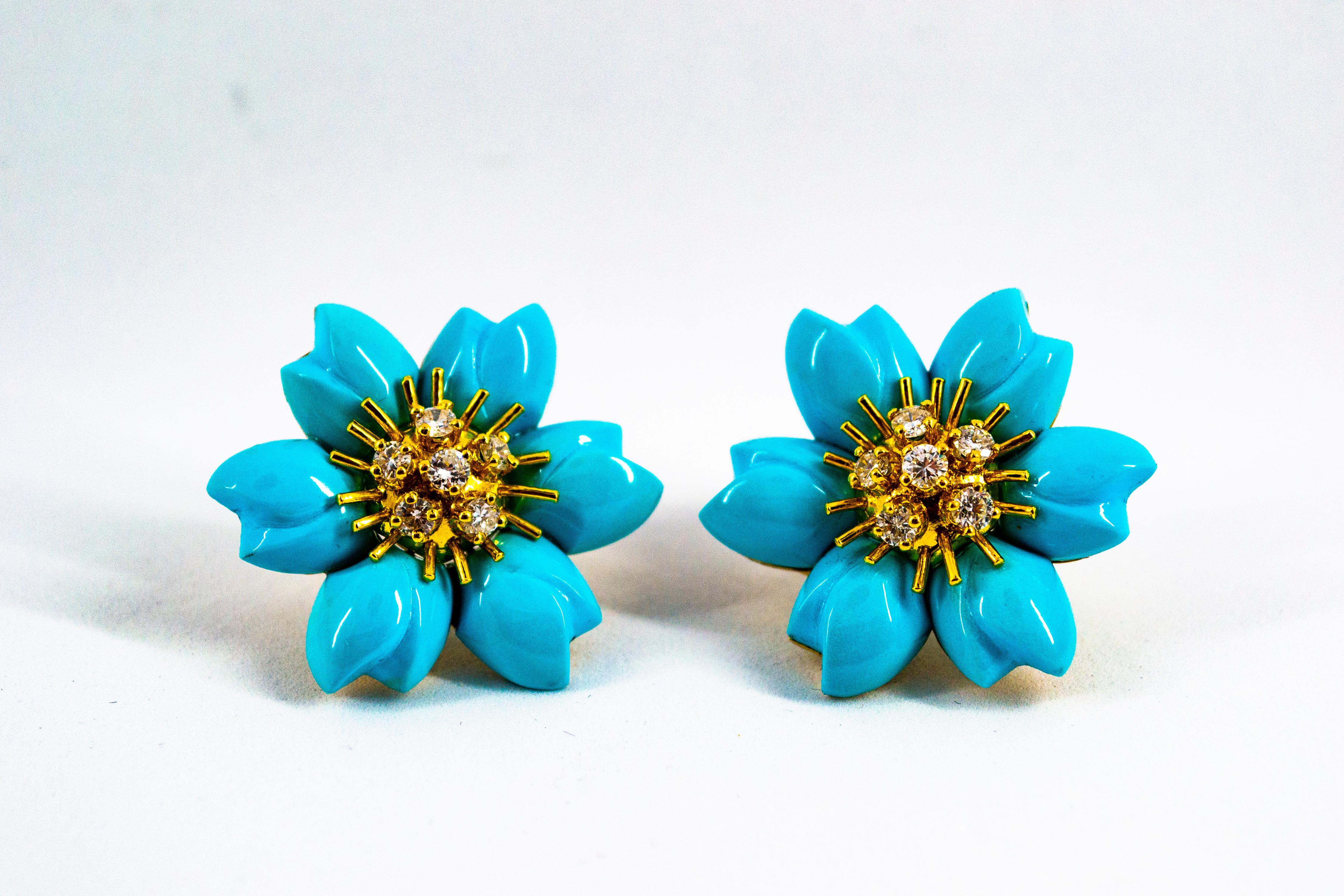 0.78 Carat White Diamond Turquoise Yellow Gold Dangle Clip-On Flowers Earrings 6