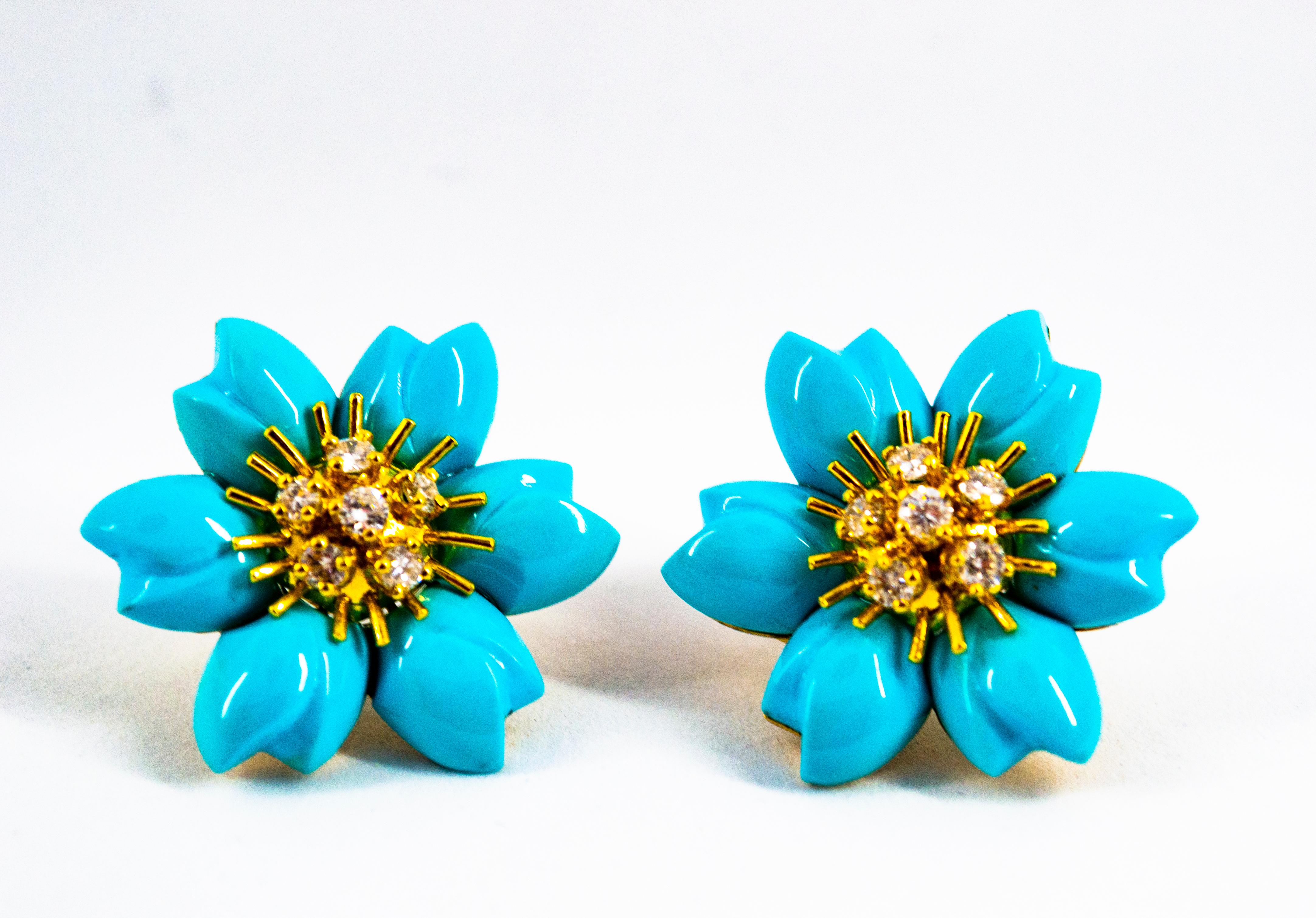 0.78 Carat White Diamond Turquoise Yellow Gold Dangle Clip-On Flowers Earrings 7