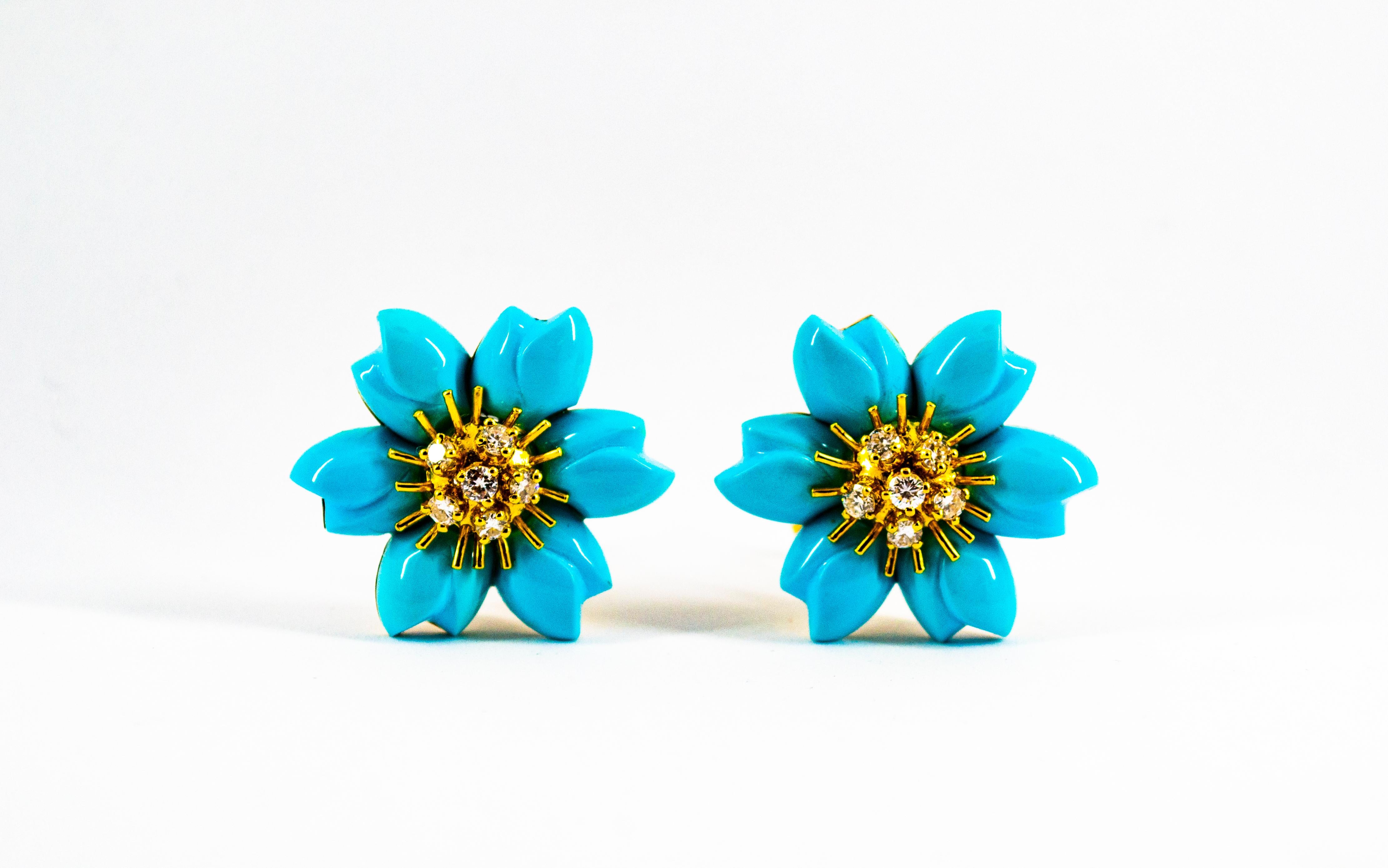 0.78 Carat White Diamond Turquoise Yellow Gold Dangle Clip-On Flowers Earrings 10