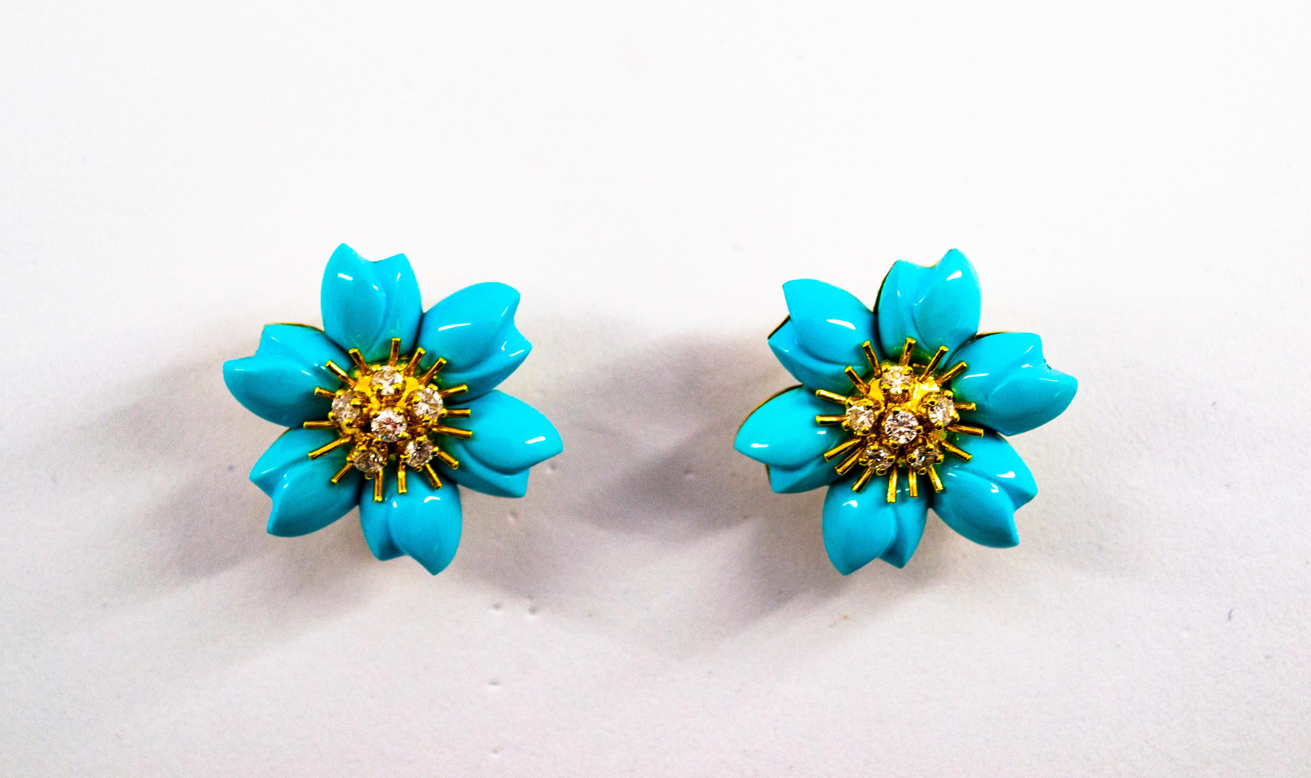 Art Nouveau 0.78 Carat White Diamond Turquoise Yellow Gold Dangle Clip-On Flowers Earrings