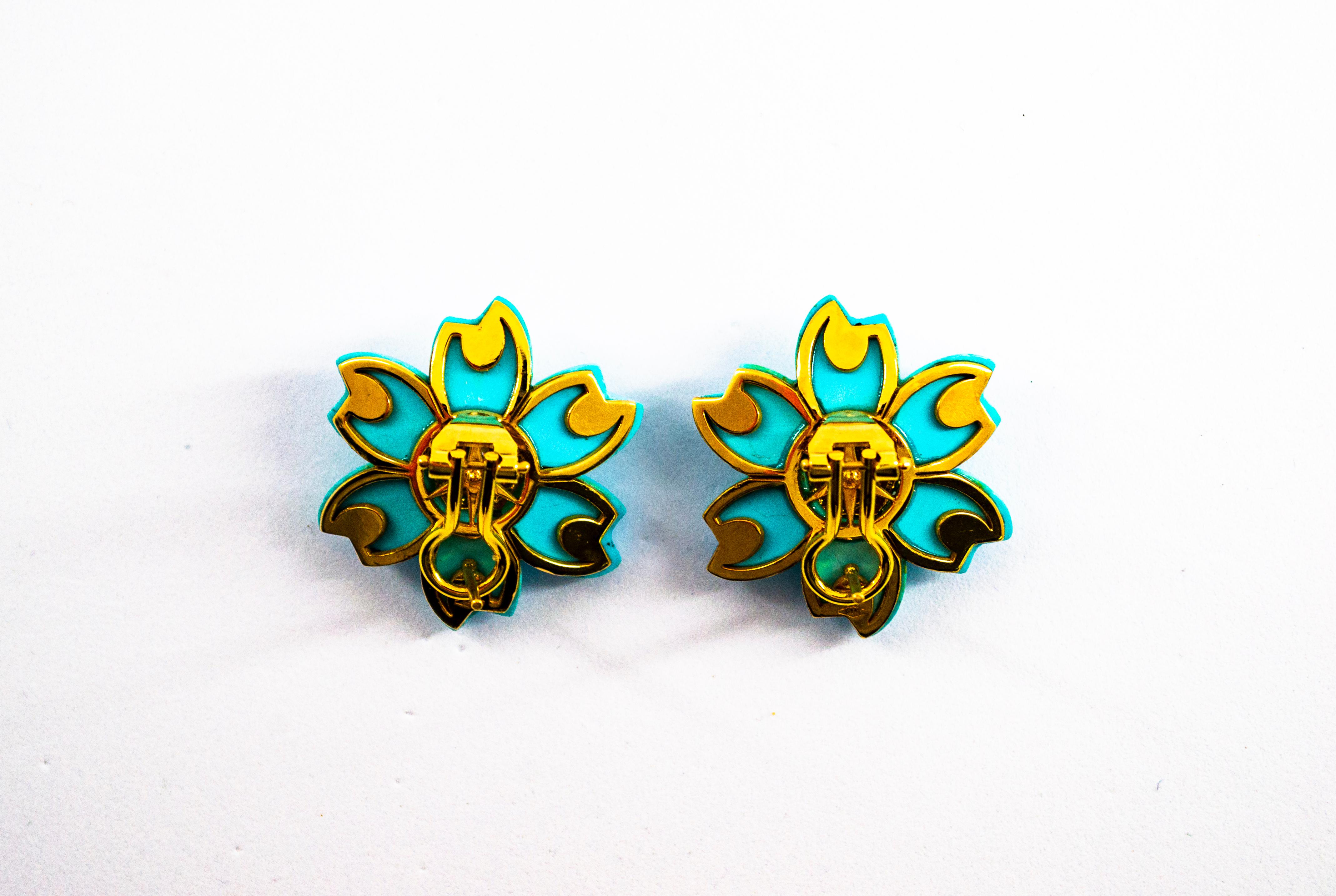 0.78 Carat White Diamond Turquoise Yellow Gold Dangle Clip-On Flowers Earrings In New Condition In Naples, IT