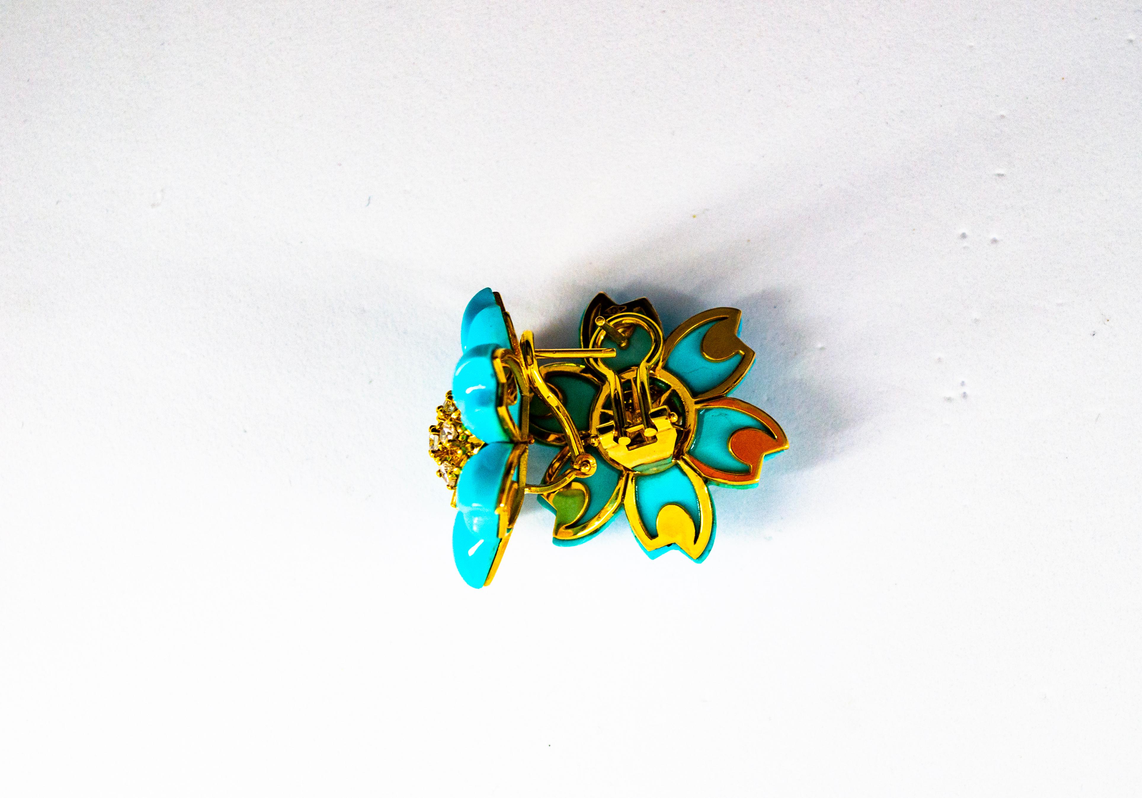 Women's or Men's 0.78 Carat White Diamond Turquoise Yellow Gold Dangle Clip-On Flowers Earrings