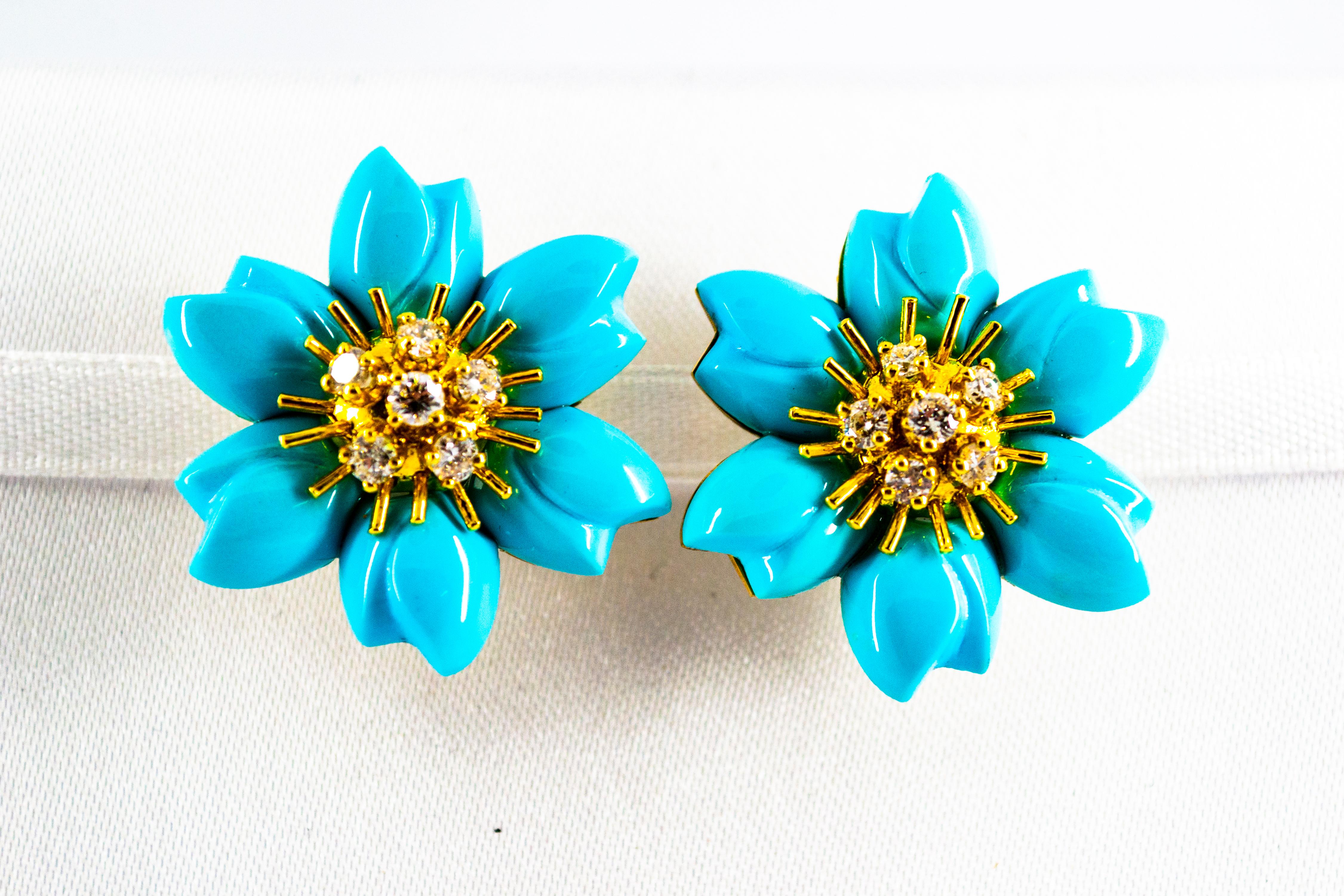 0.78 Carat White Diamond Turquoise Yellow Gold Dangle Clip-On Flowers Earrings 2