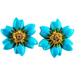 0.78 Carat White Diamond Turquoise Yellow Gold Dangle Clip-On Flowers Earrings