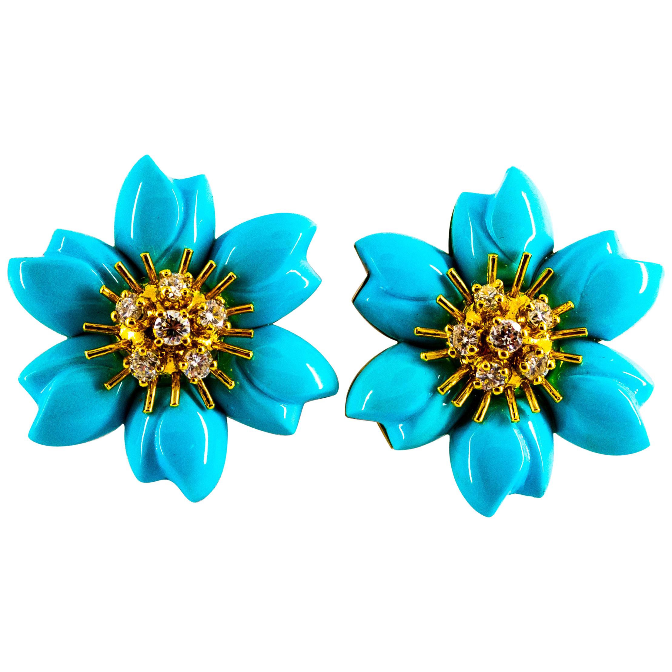 0.78 Carat White Diamond Turquoise Yellow Gold Dangle Clip-On Flowers Earrings