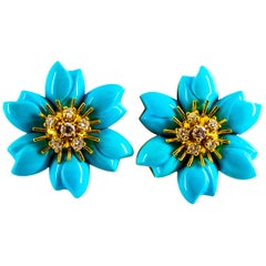 0.78 Carat White Diamond Turquoise Yellow Gold Dangle Clip-On Flowers Earrings