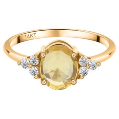 Oval 0.78Ct Yellow Sapphire 0.11Ct SI/H Diamond Cocktail Ring 14K Yellow Gold