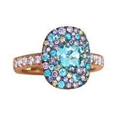 0.78 Ct Cushion Paraiba Turmalin Fancy Blau Rosa Gelb Diamant Pave Ring