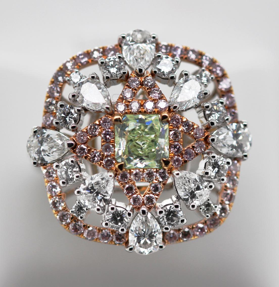 0.78 ct Fancy Light Yellow Green Radiant Cut Diamond Cocktail Ring GIA Scarselli For Sale 1