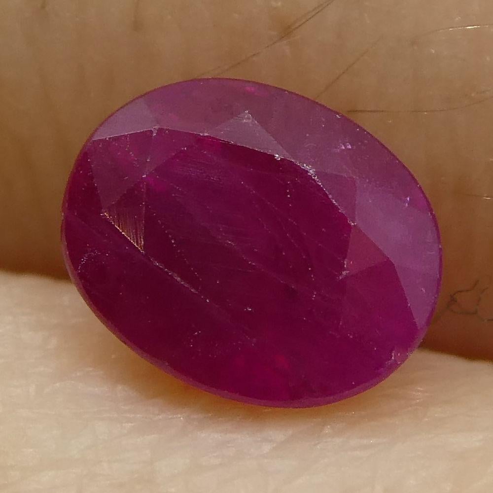 Description:

Gem Type: Ruby
Number of Stones: 1
Weight: 0.78 cts
Measurements: 5.73x4.63x3.30 mm
Shape: Oval
Cutting Style Crown: Modified Brilliant
Cutting Style Pavilion: Step Cut
Transparency: Translucent
Clarity: Moderately Included: Inclusions