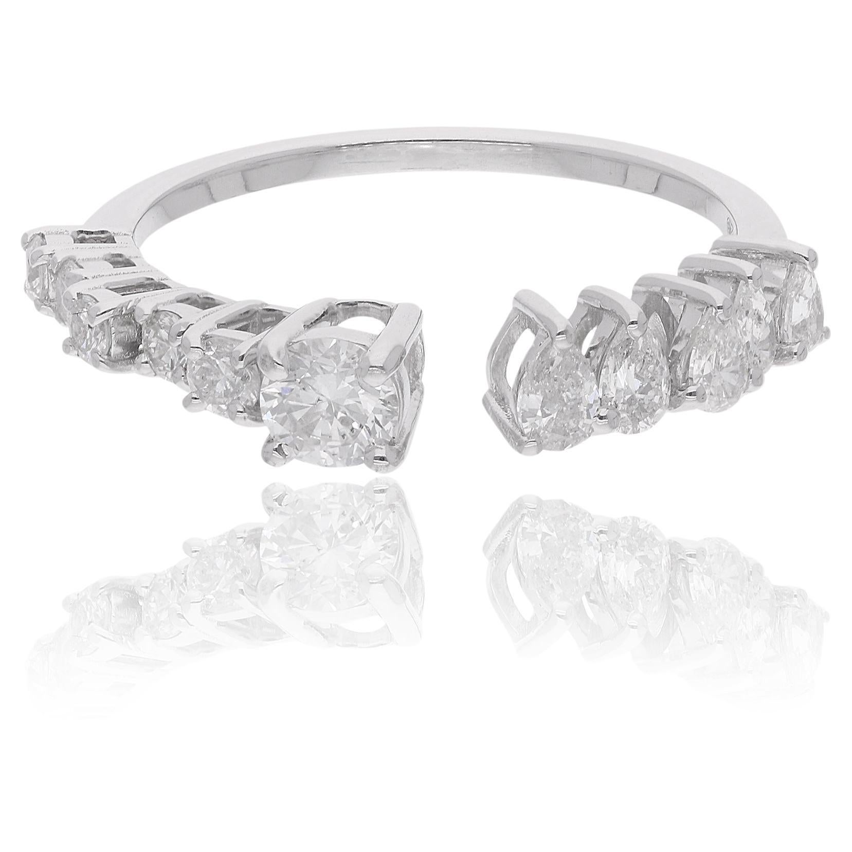 0.78 Ct Round Pear Shape Diamond Cuff Ring 18 Karat White Gold Handmade Jewelry For Sale
