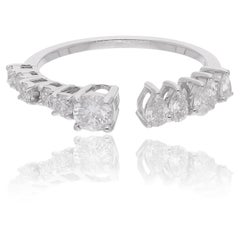 0.78 Ct Round Pear Shape Diamond Cuff Ring 18 Karat White Gold Handmade Jewelry