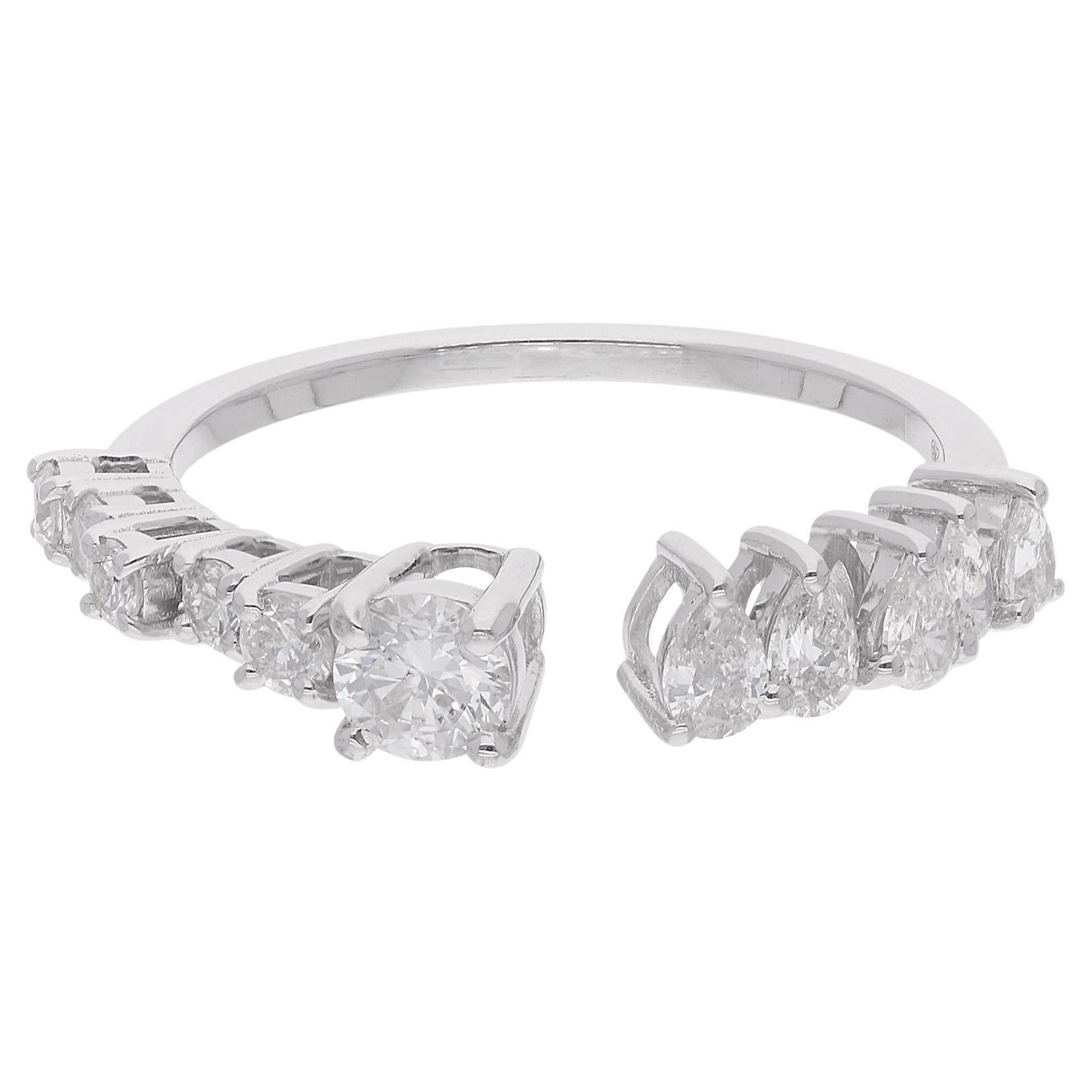 For Sale:  0.78 Ct Round Pear Shape Diamond Cuff Ring 18 Karat White Gold Handmade Jewelry