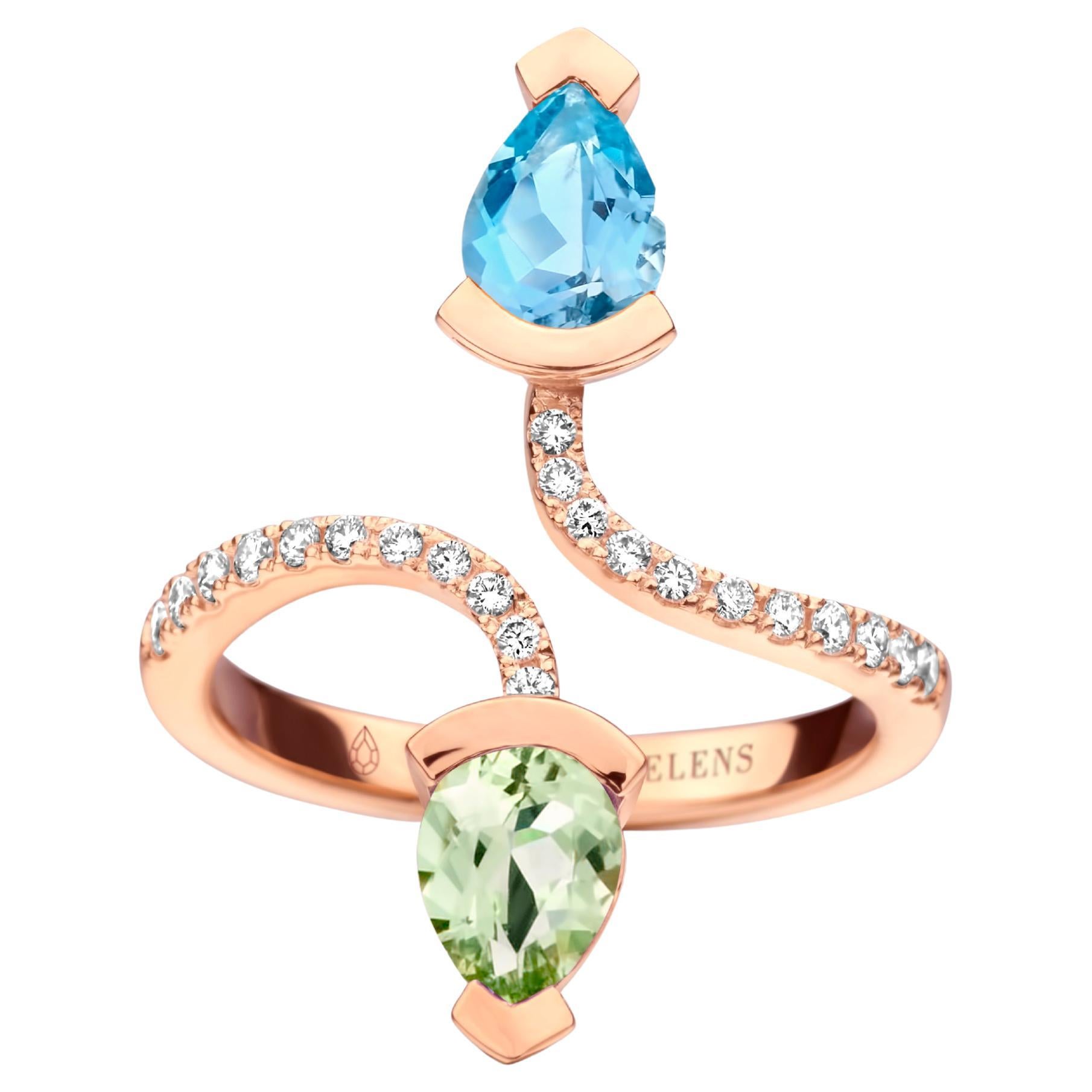 0.78Ct Aquamarine And 0.70Ct Green Beryl 18K Rose Gold Diamond Cocktail Ring For Sale