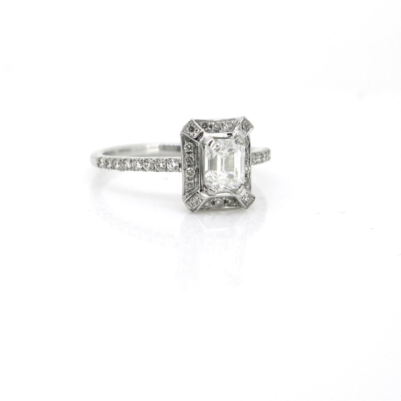 Modern 0.78ct Emerald Cut Diamond Cluster Ring, 18kt White Gold For Sale