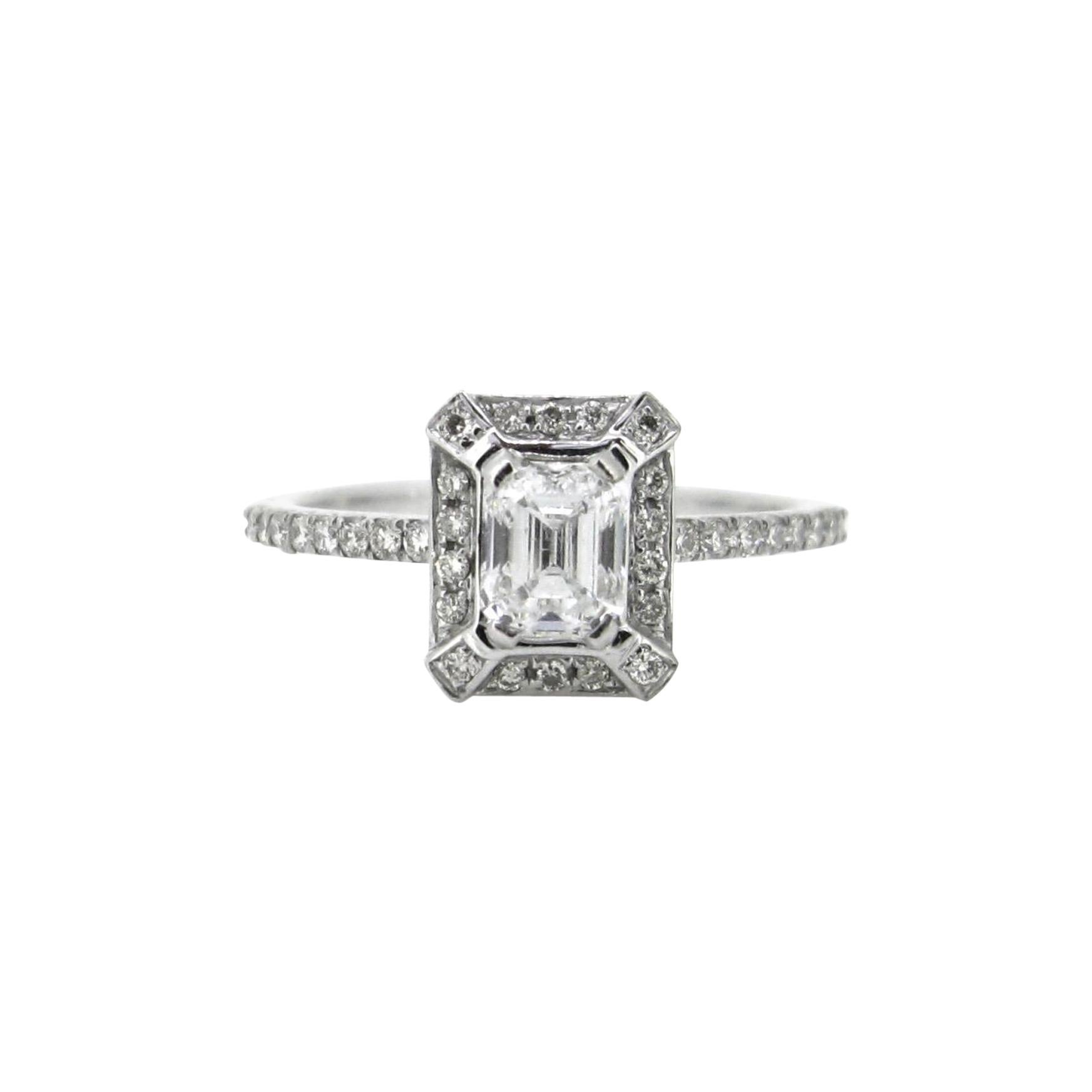0.78ct Emerald Cut Diamond Cluster Ring, 18kt White Gold For Sale