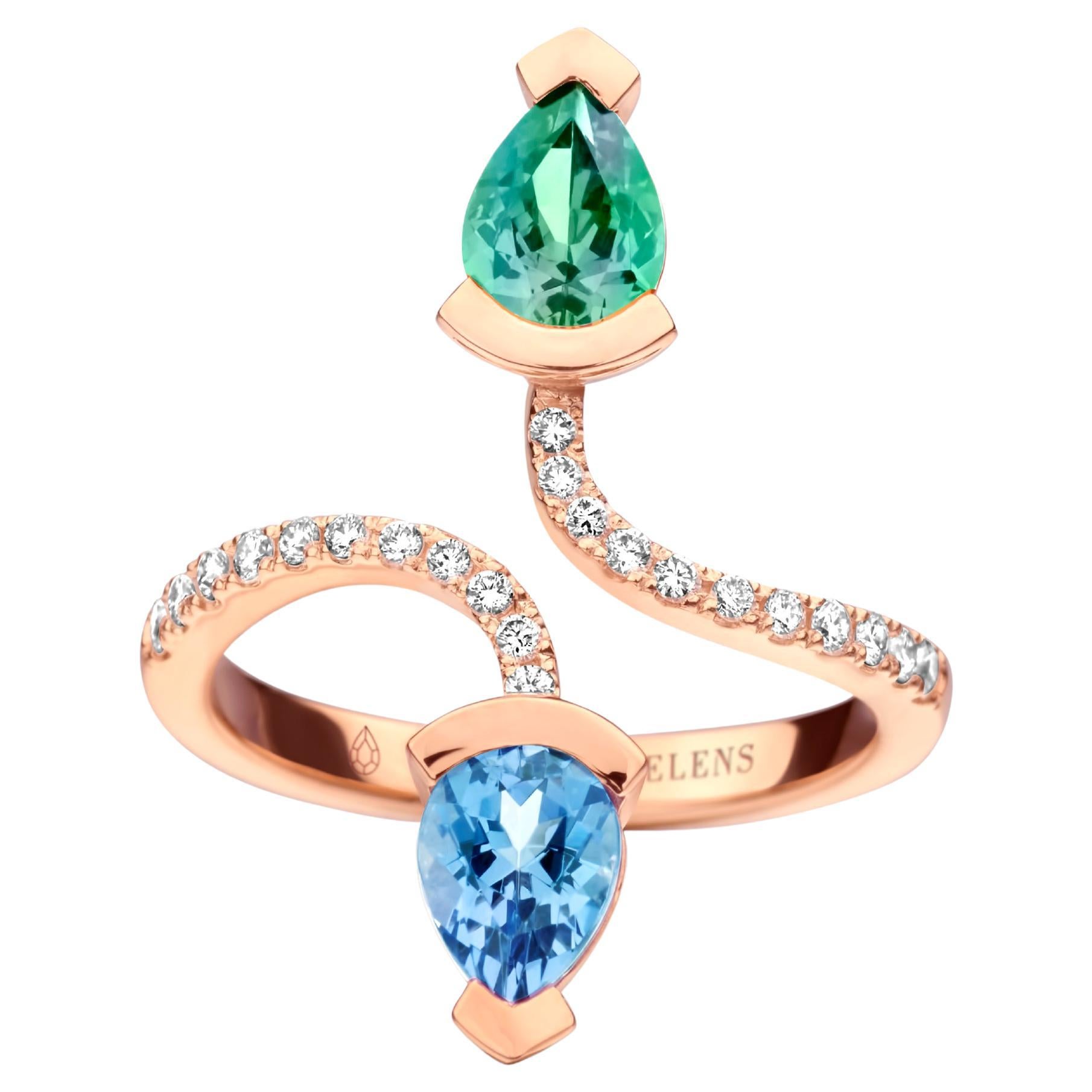 0.78Ct Mint Tourmaline And 0.70Ct Aquamarine 18K Rose Gold Diamond Cocktail Ring For Sale