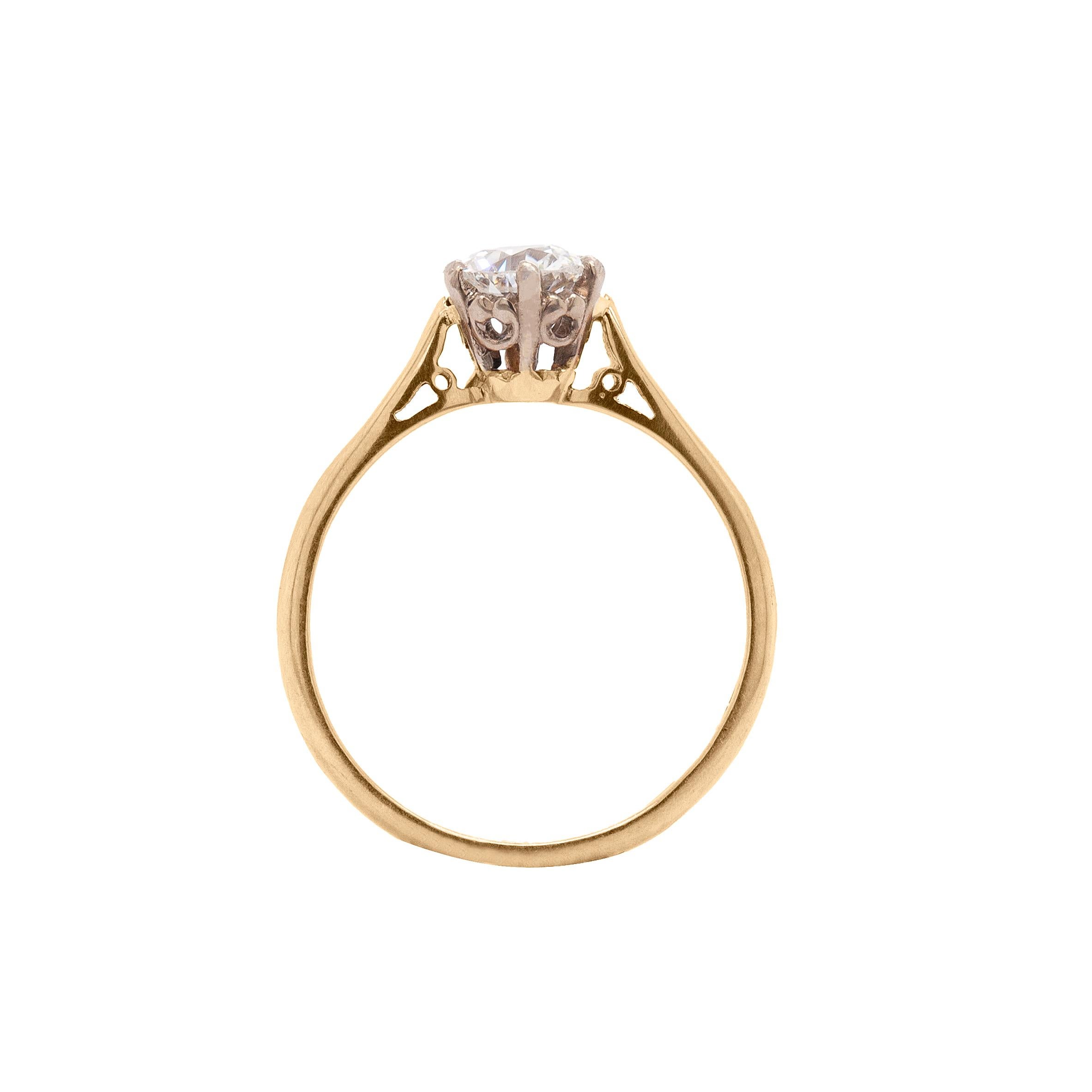 Taille vieille Europe Bague de fiançailles solitaire en or jaune 18 carats avec diamant taille européenne ancienne de 0,78 carat