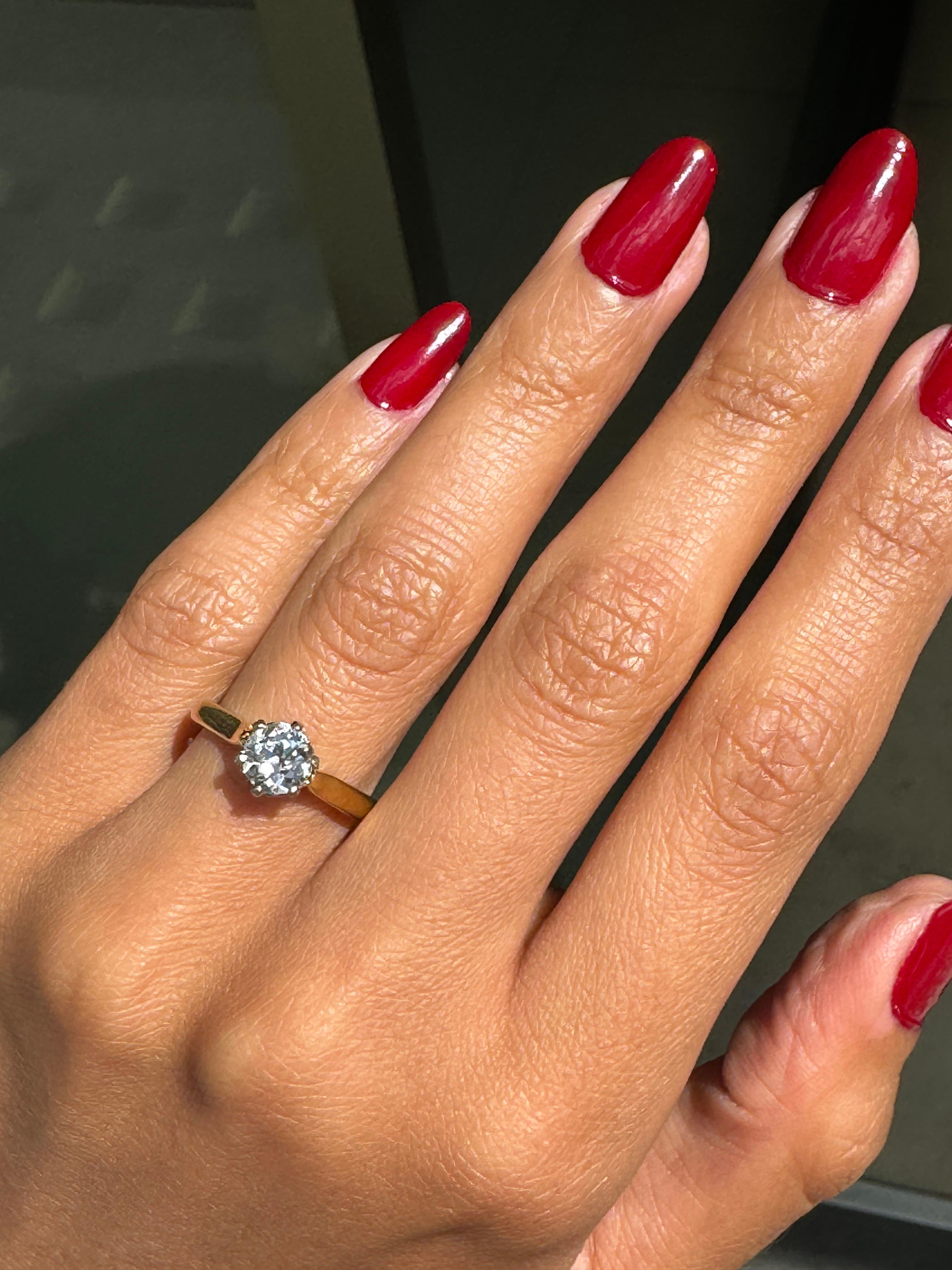  Bague de fiançailles solitaire en or jaune 18 carats avec diamant taille européenne ancienne de 0,78 carat Pour femmes 