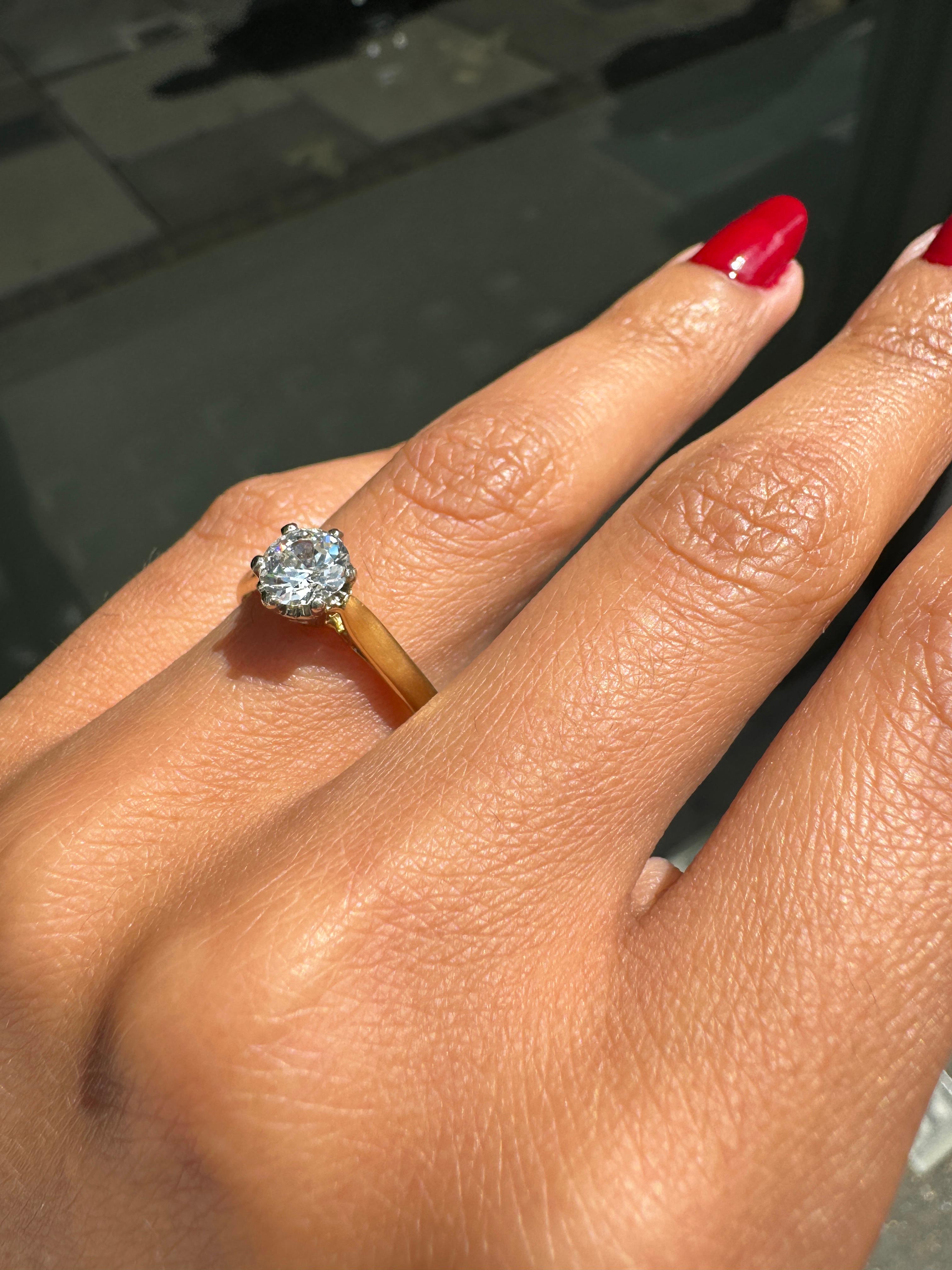Bague de fiançailles solitaire en or jaune 18 carats avec diamant taille européenne ancienne de 0,78 carat 1