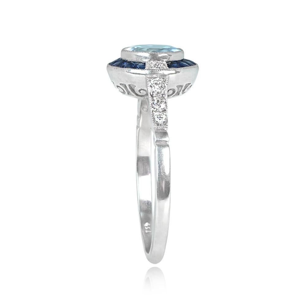 Art Deco 0.78ct Round Cut Aquamarine Engagement Ring, Sapphire Halo, Platinum For Sale