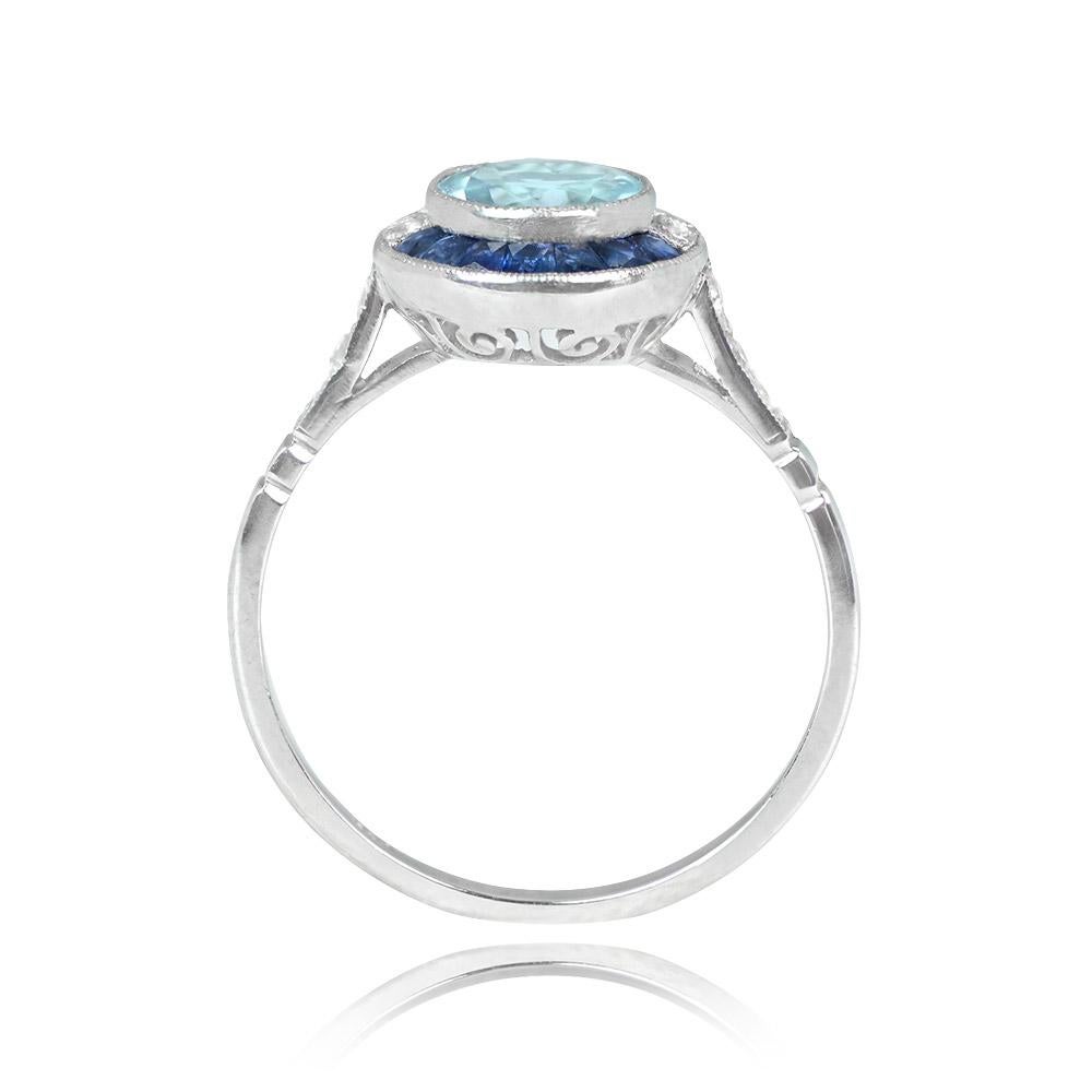 0.78ct Round Cut Aquamarine Engagement Ring, Sapphire Halo, Platinum In Excellent Condition For Sale In New York, NY