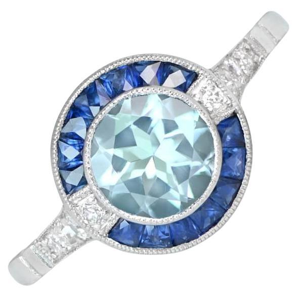 0.78ct Round Cut Aquamarine Engagement Ring, Sapphire Halo, Platinum