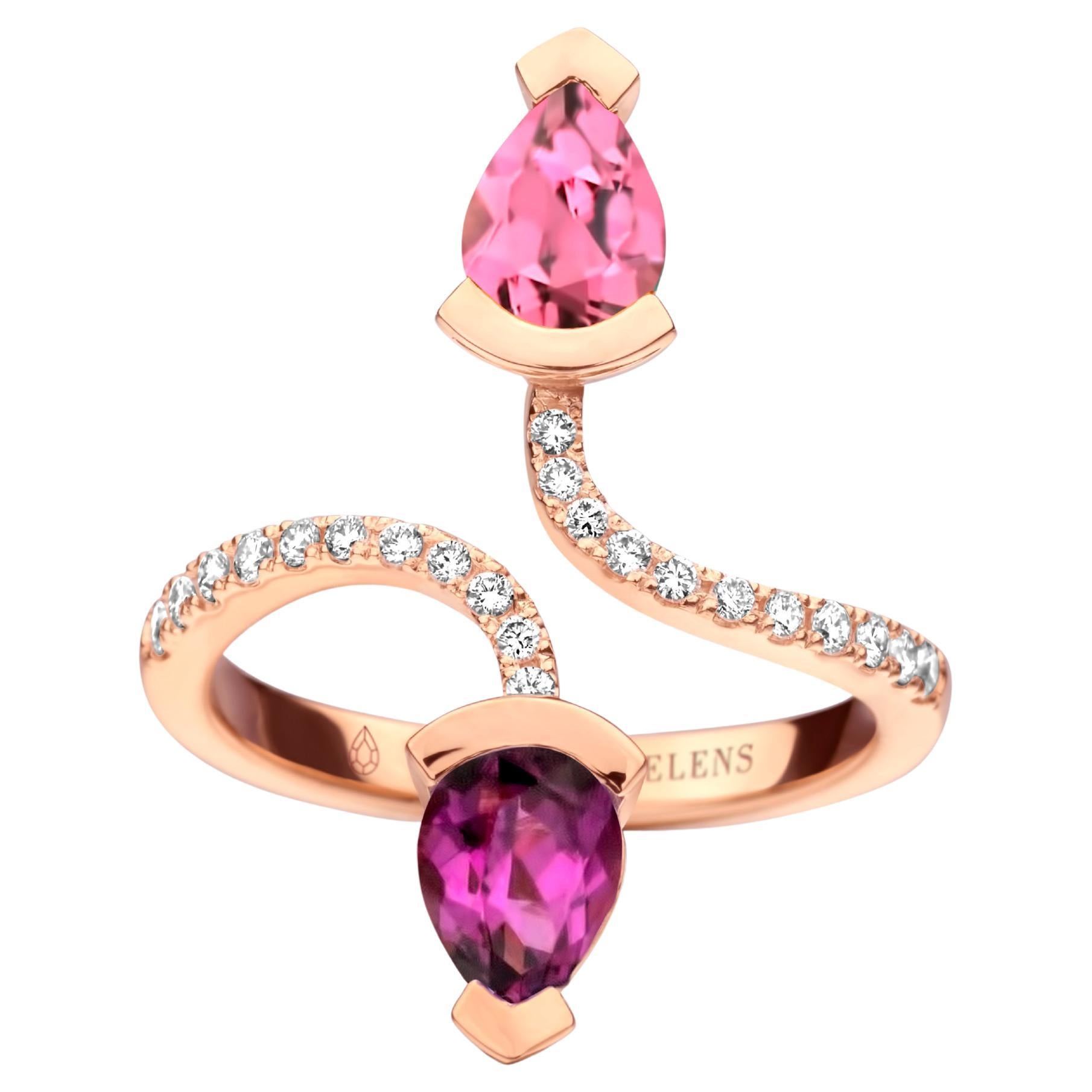 0.78Ct Tourmaline And Purple Garnet 0.78Ct 18K Rose Gold Diamond Cocktail Ring