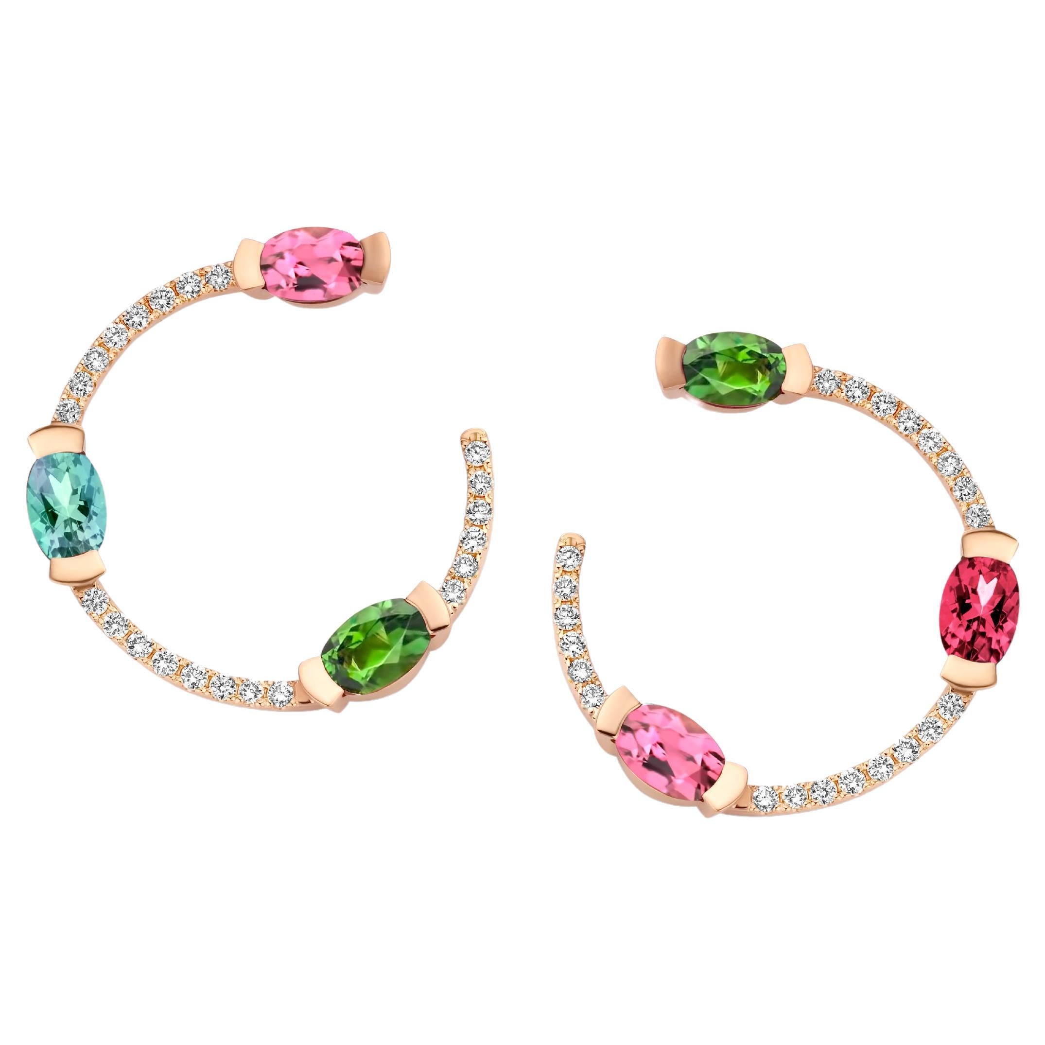 18K Rose Gold Tourmaline Rubelite Diamond Curved Earrings For Sale