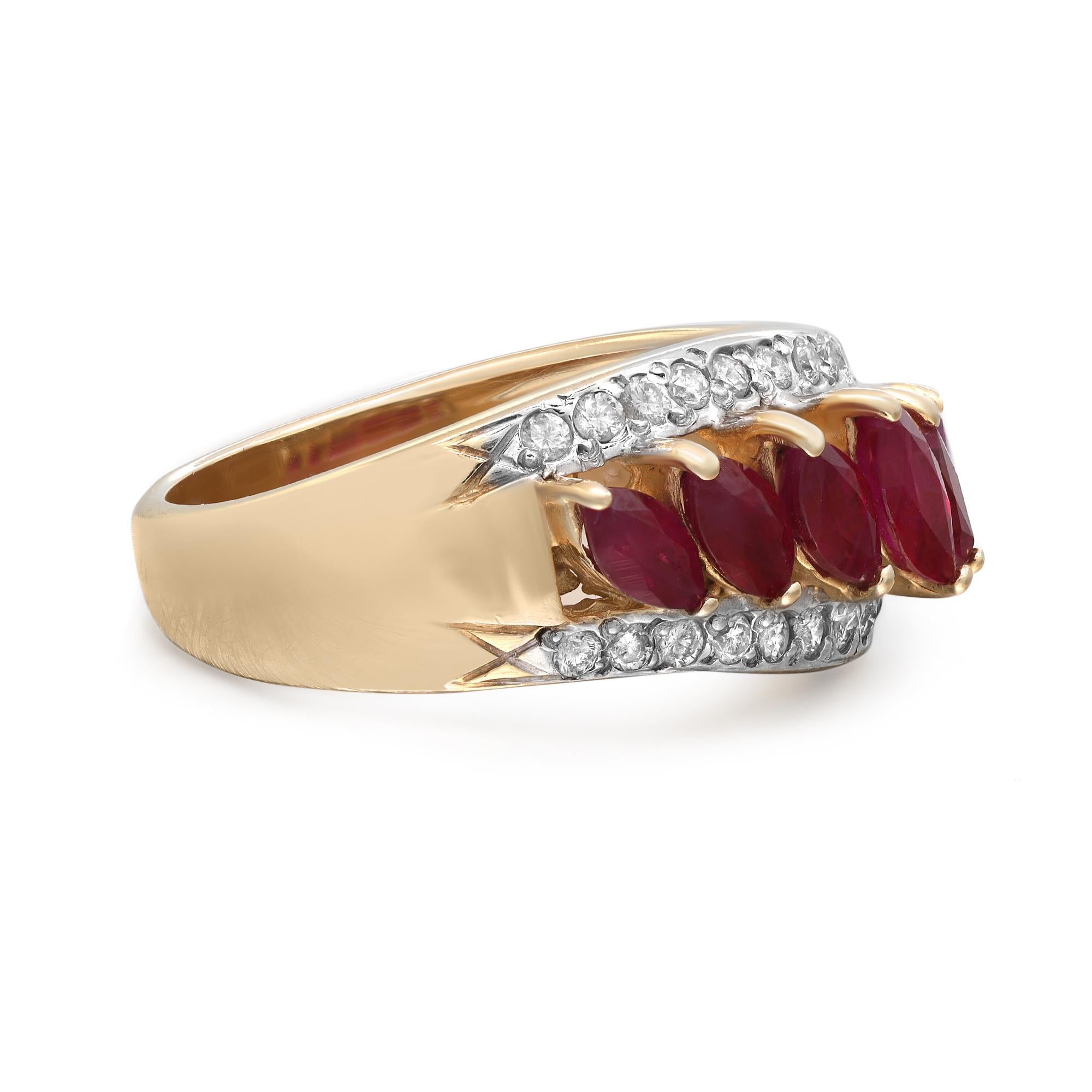 Modern 0.78Cts Red Ruby & 0.24Cttw Diamond Cocktail Ring 14k Yellow Gold For Sale
